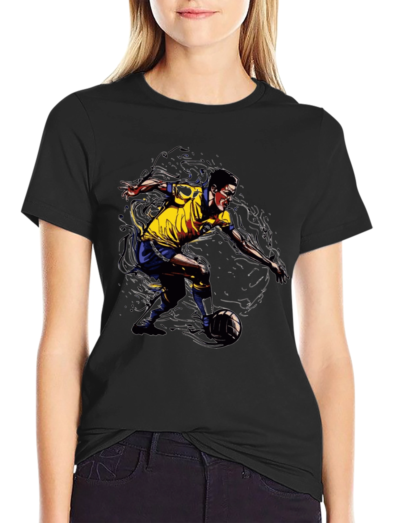 Soccer Player Graphic Tee - Black Cotton T-Shirt
