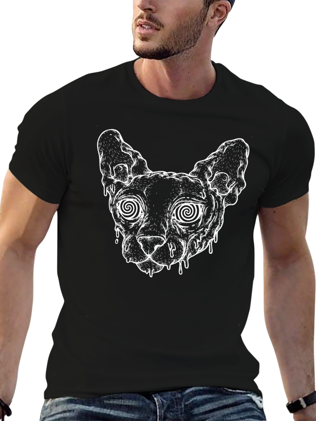 Hypnotic Cat Graphic Tee - Black Cotton T-Shirt