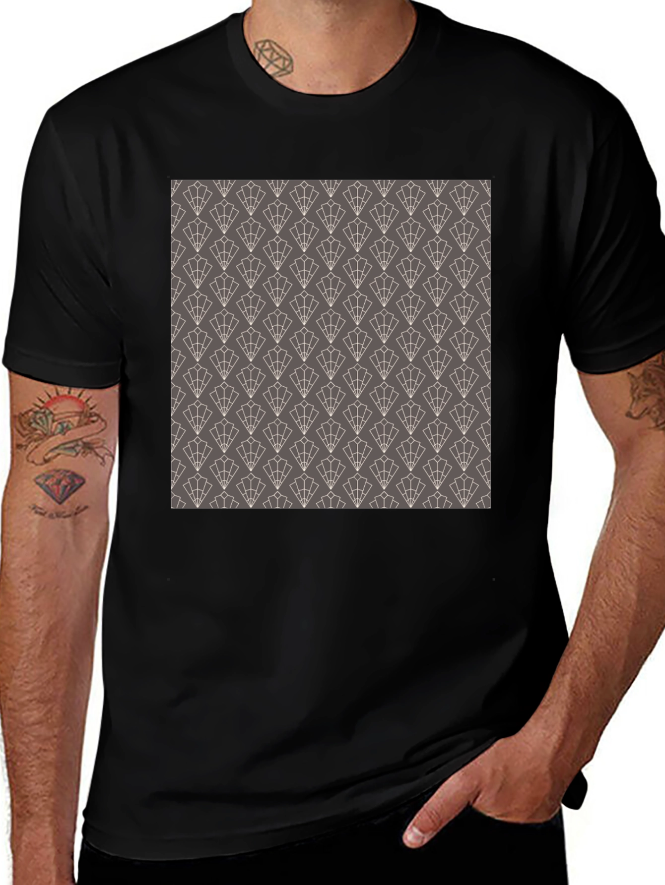 Stylish Black Tee with Geometric Fan Pattern