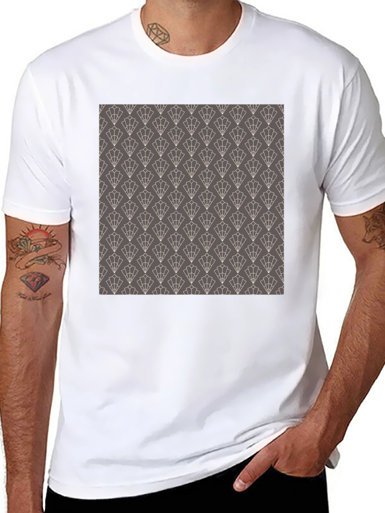 Stylish Black Tee with Geometric Fan Pattern