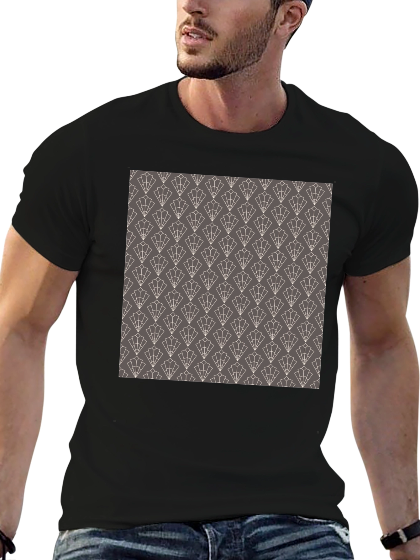 Stylish Black Tee with Geometric Fan Pattern