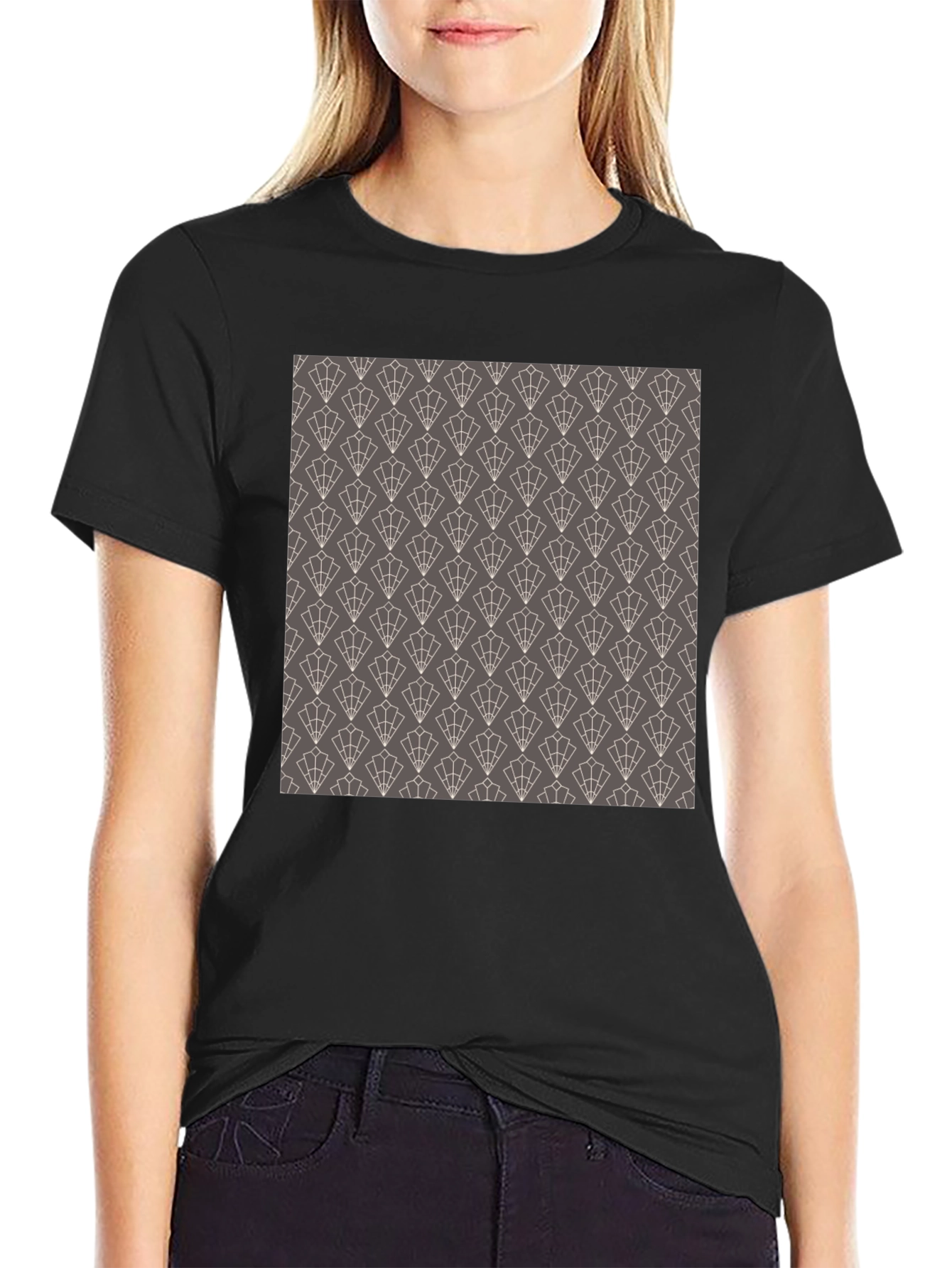 Stylish Black Tee with Geometric Fan Pattern