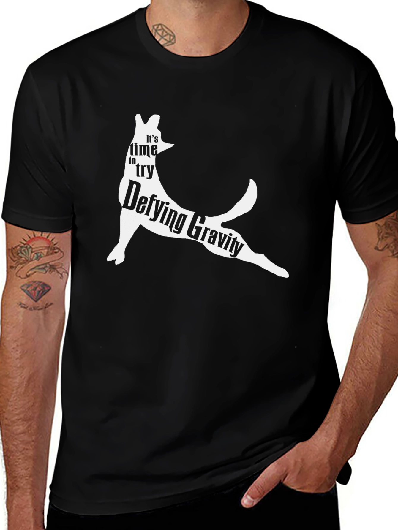 Defying Gravity Dog T-Shirt – Funny Dog Lover Graphic Tee