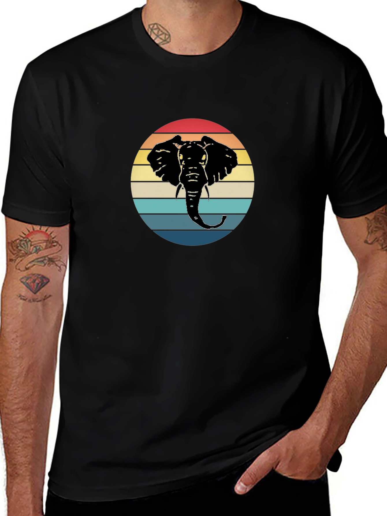 Retro Elephant Sunset Black T-Shirt