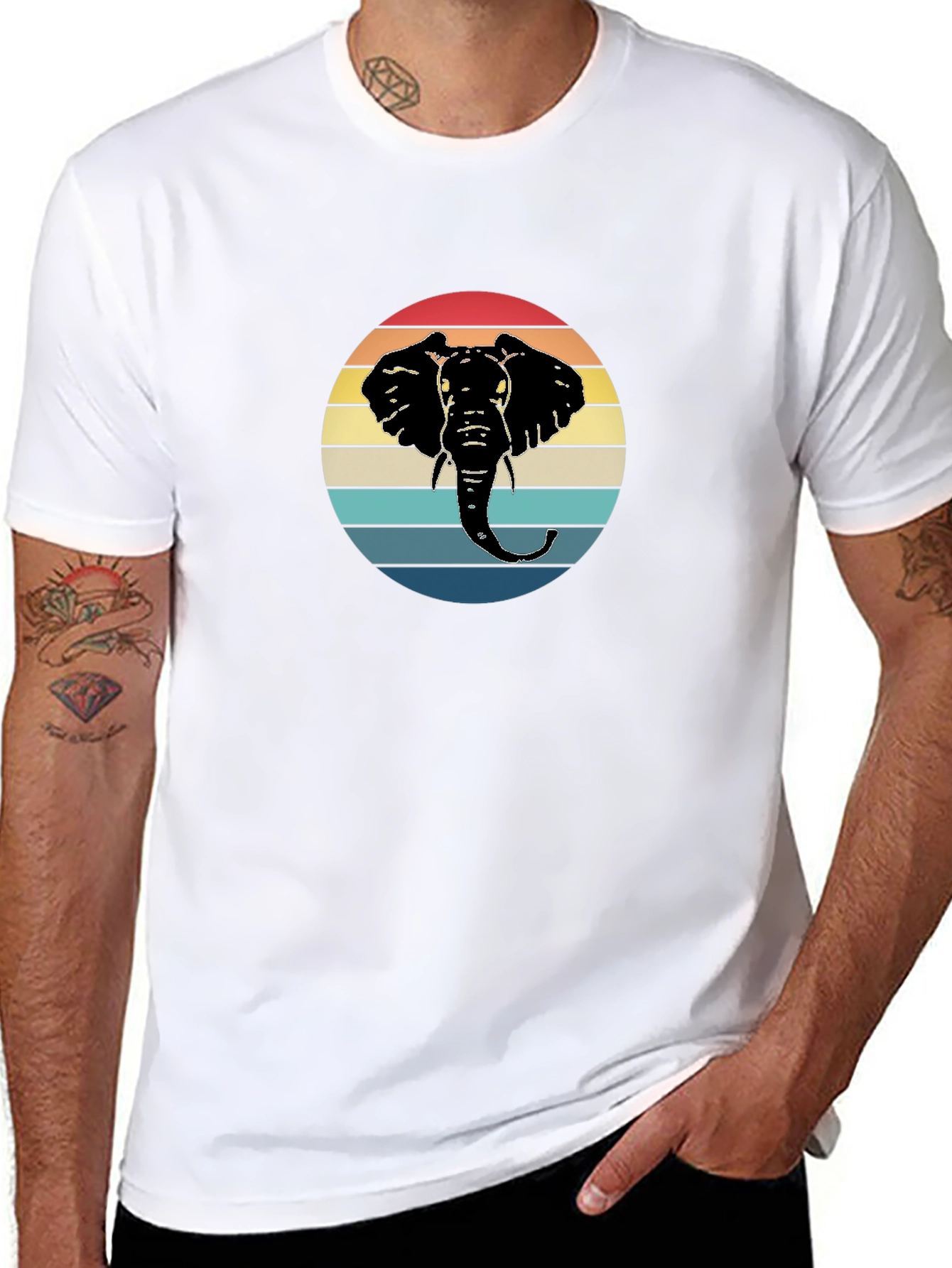 Retro Elephant Sunset Black T-Shirt