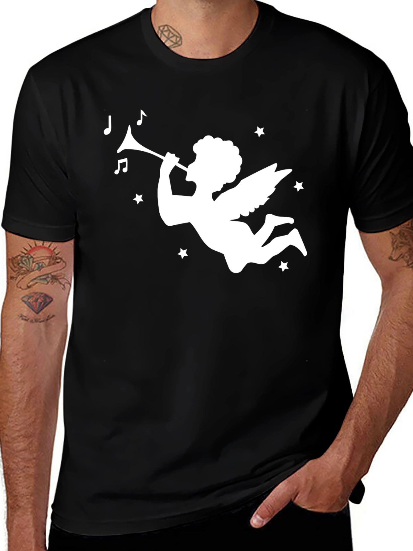 Angel Trumpet Graphic Tee - Stylish Black Cotton T-Shirt