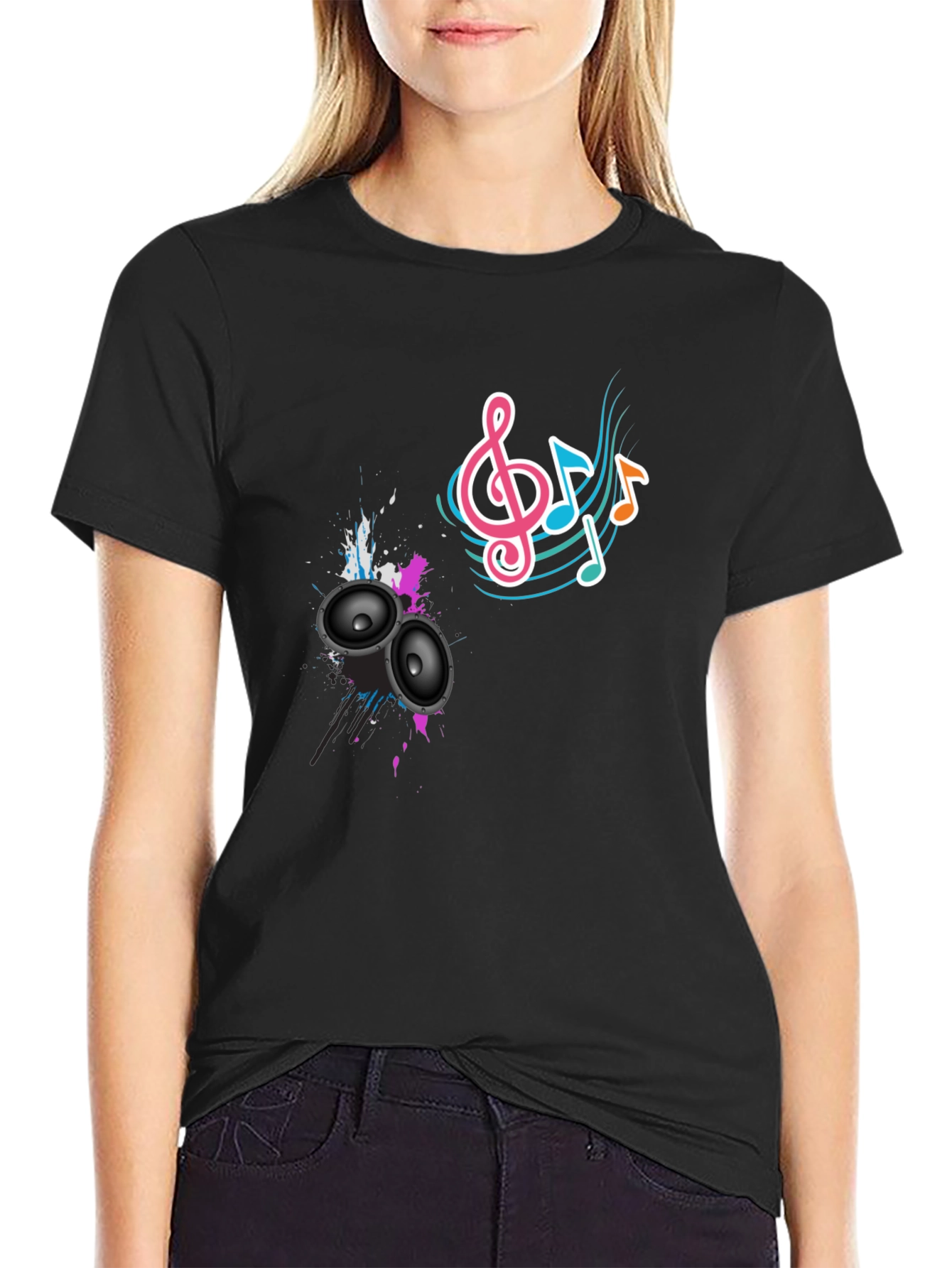 Music Vibes Tee - Speaker & Note Graphic Print