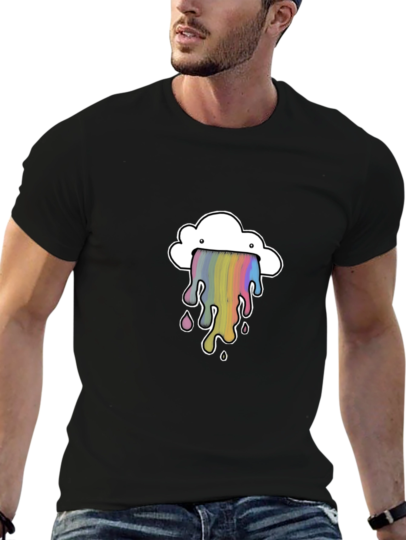 Rainbow Cloud Graphic Tee - Trendy Black T-Shirt