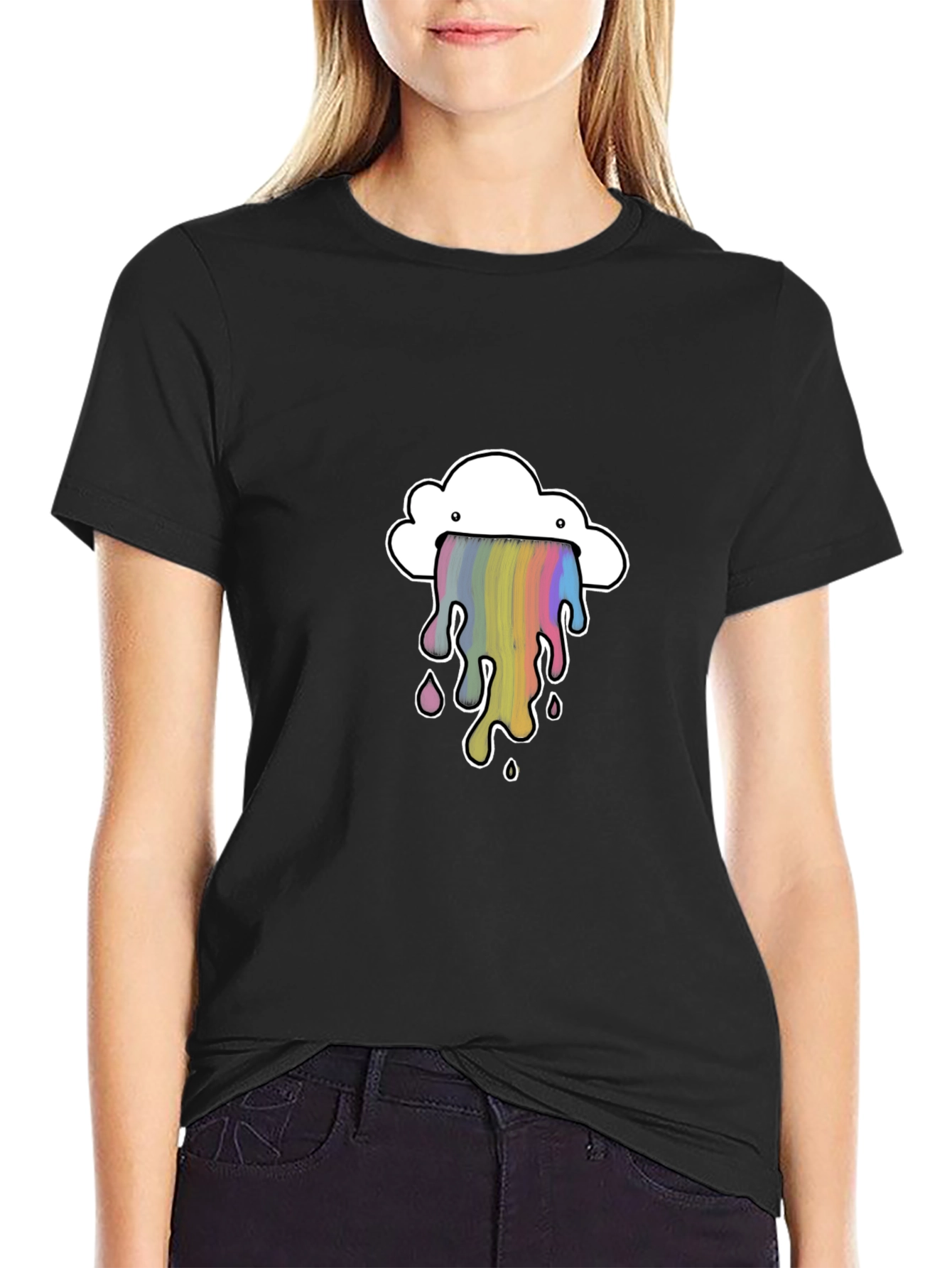 Rainbow Cloud Graphic Tee - Trendy Black T-Shirt