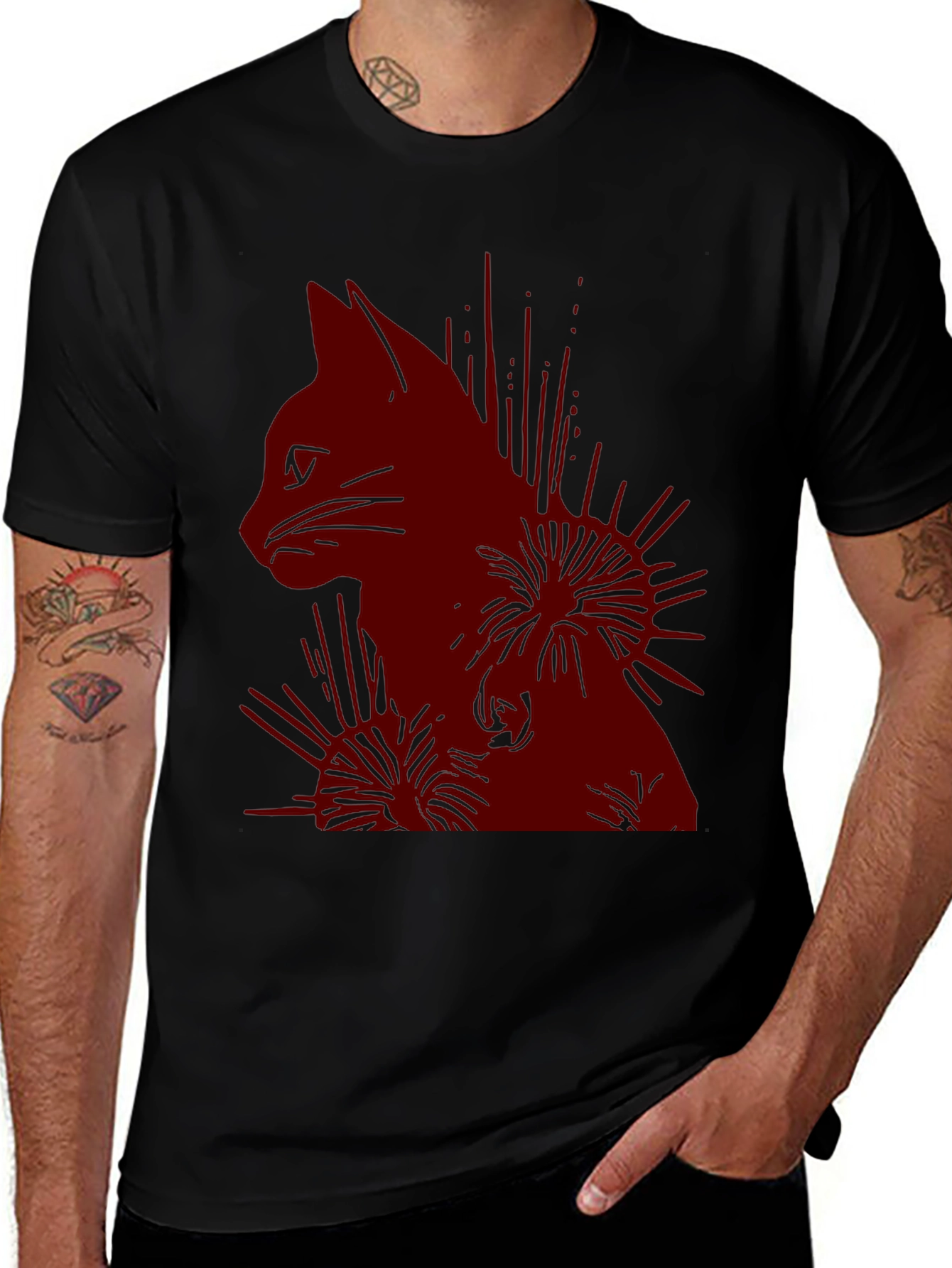 Cat Silhouette Graphic Print T-Shirt - Casual Wear