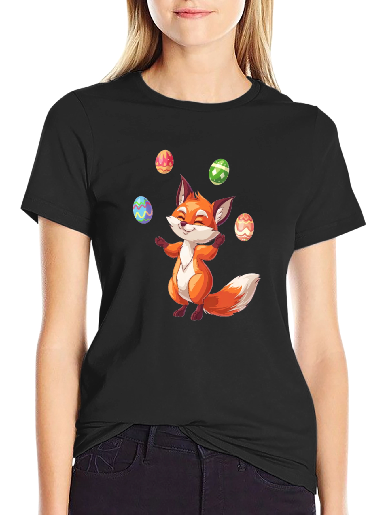 Fox Juggling Eggs Easter T-Shirt - Black Cotton Tee