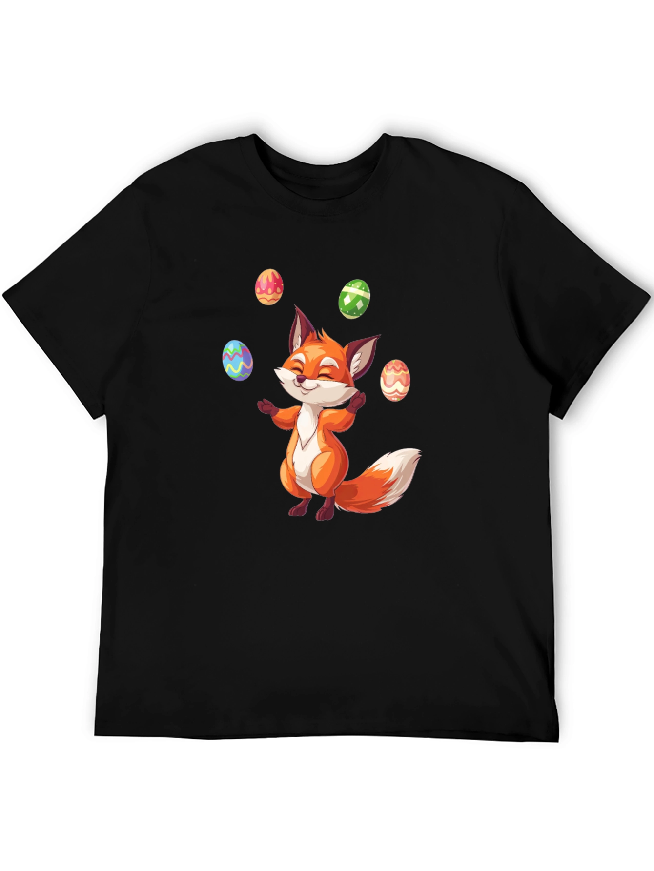 Fox Juggling Eggs Easter T-Shirt - Black Cotton Tee