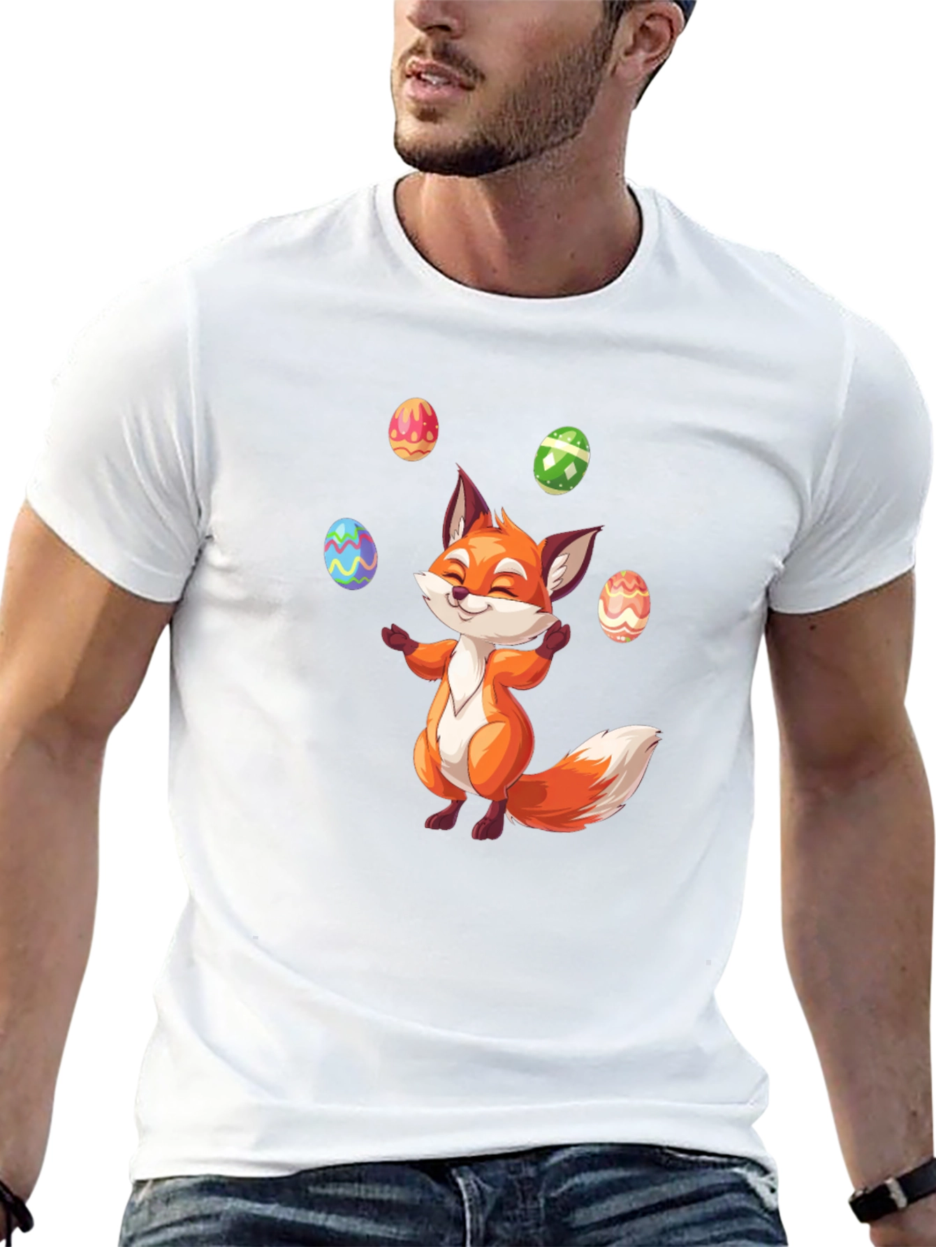 Fox Juggling Eggs Easter T-Shirt - Black Cotton Tee