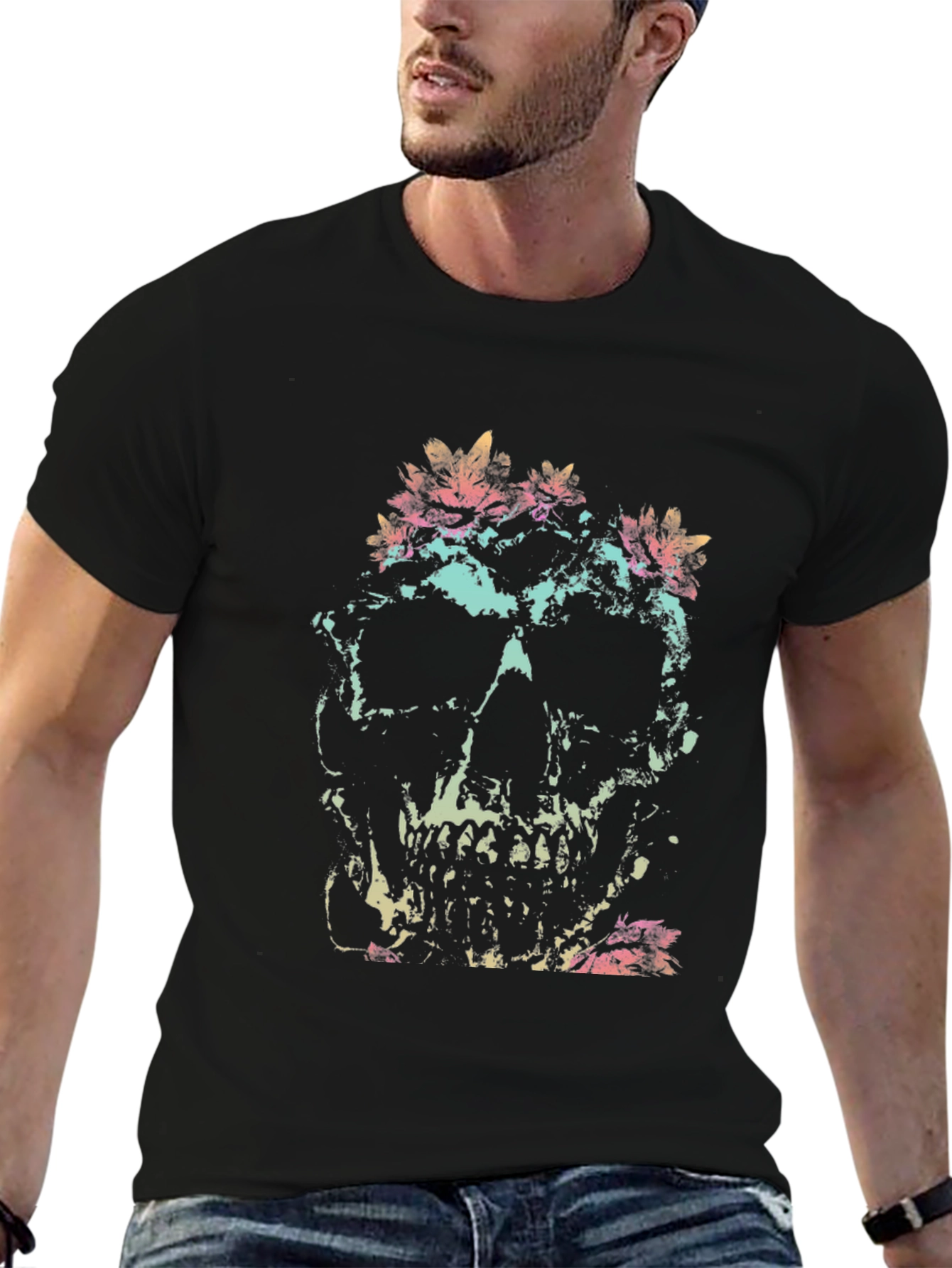 Skull & Floral Graphic Tee - Black Cotton