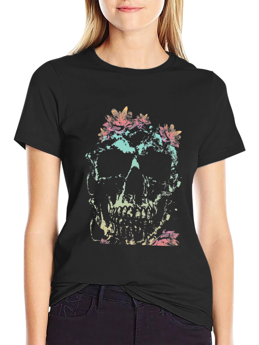Skull & Floral Graphic Tee - Black Cotton
