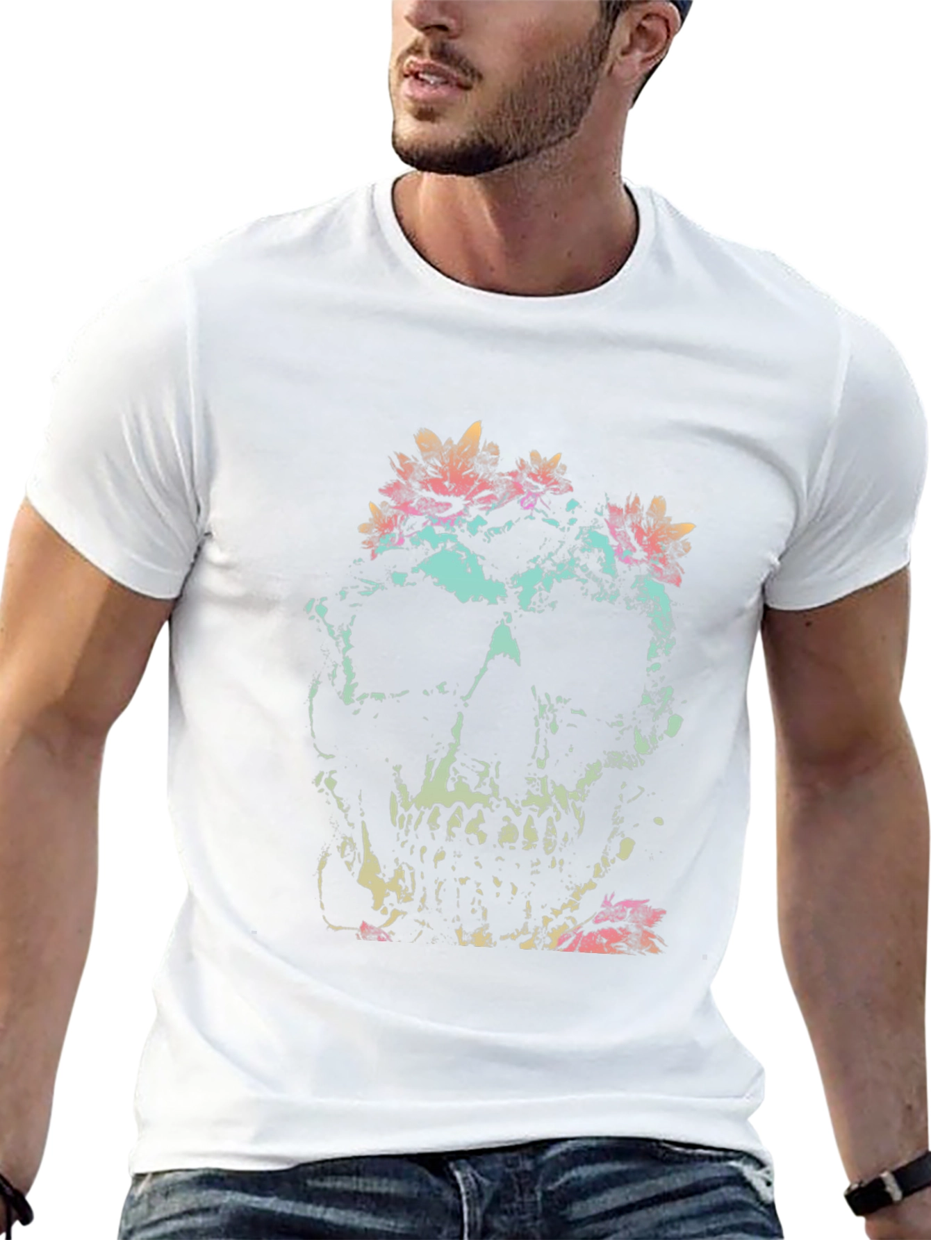 Skull & Floral Graphic Tee - Black Cotton
