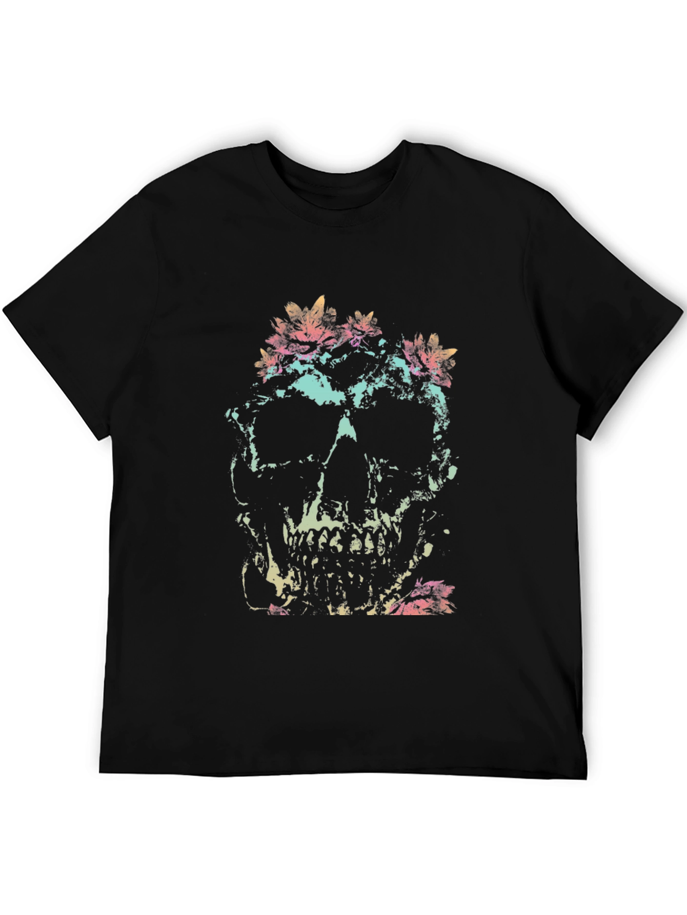Skull & Floral Graphic Tee - Black Cotton