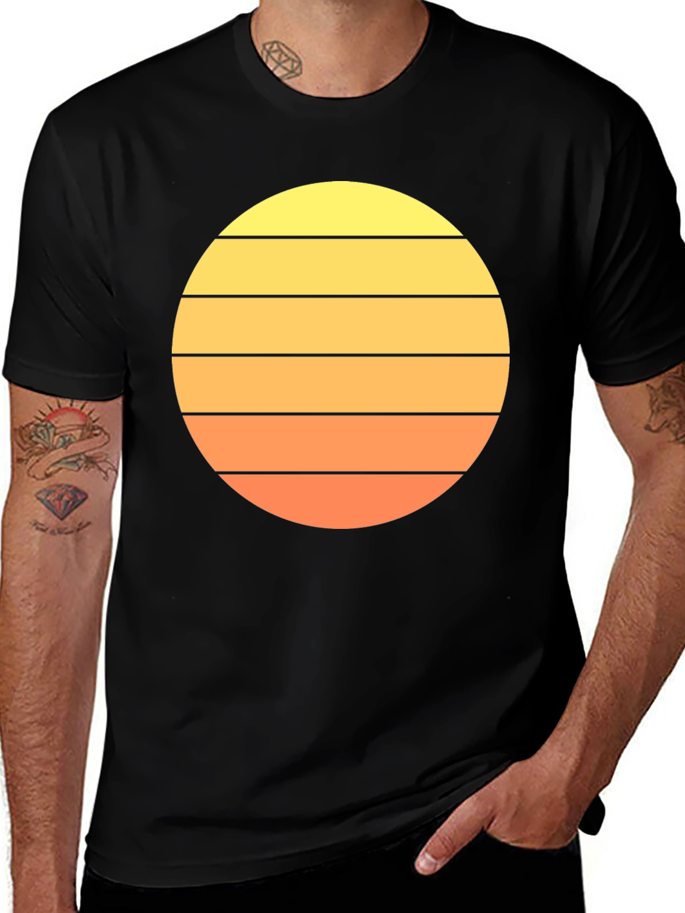 Retro Sunset Striped T-Shirt - Mens Black Tee