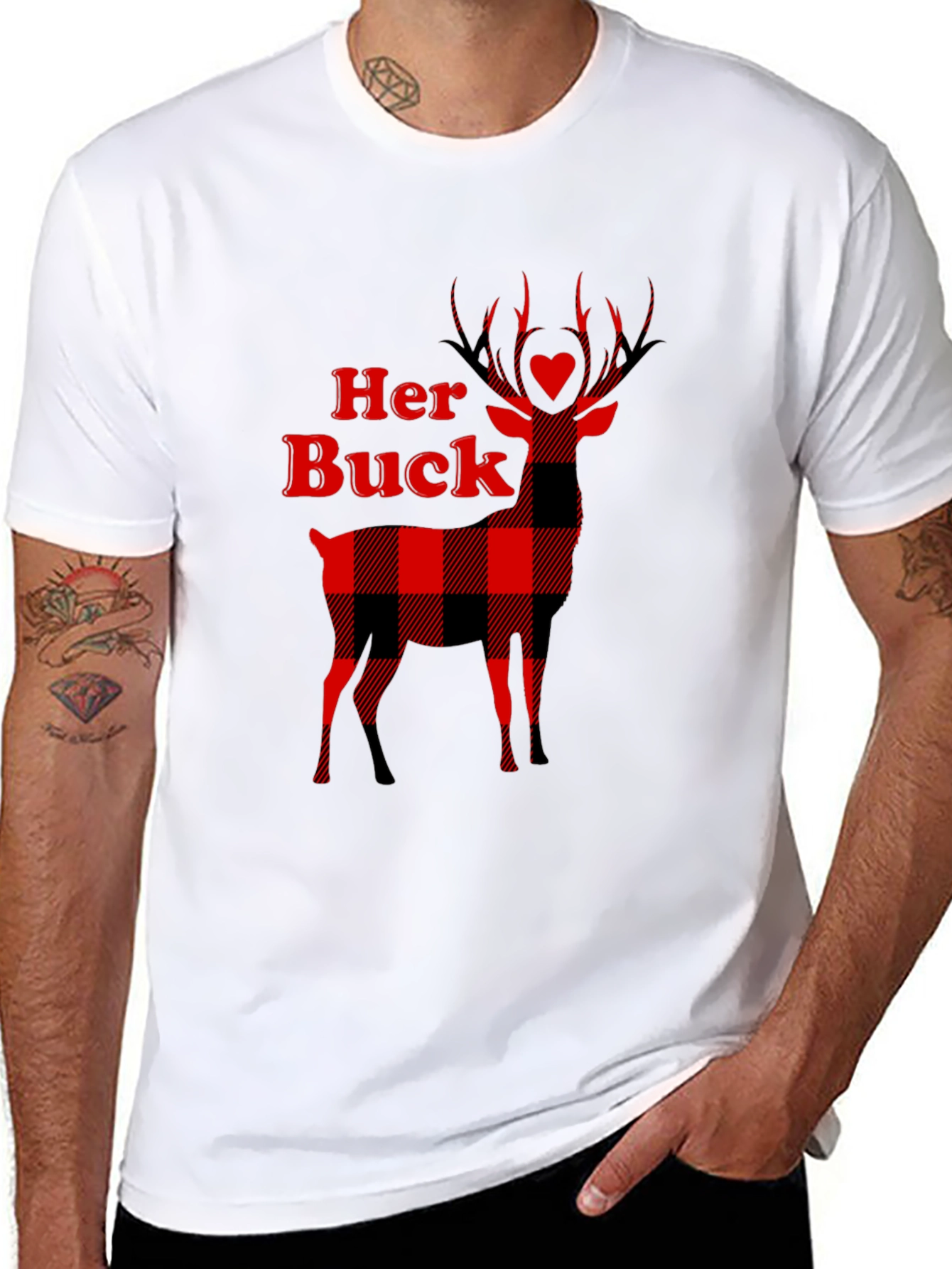 Her Buck Plaid Deer Couple T-Shirt