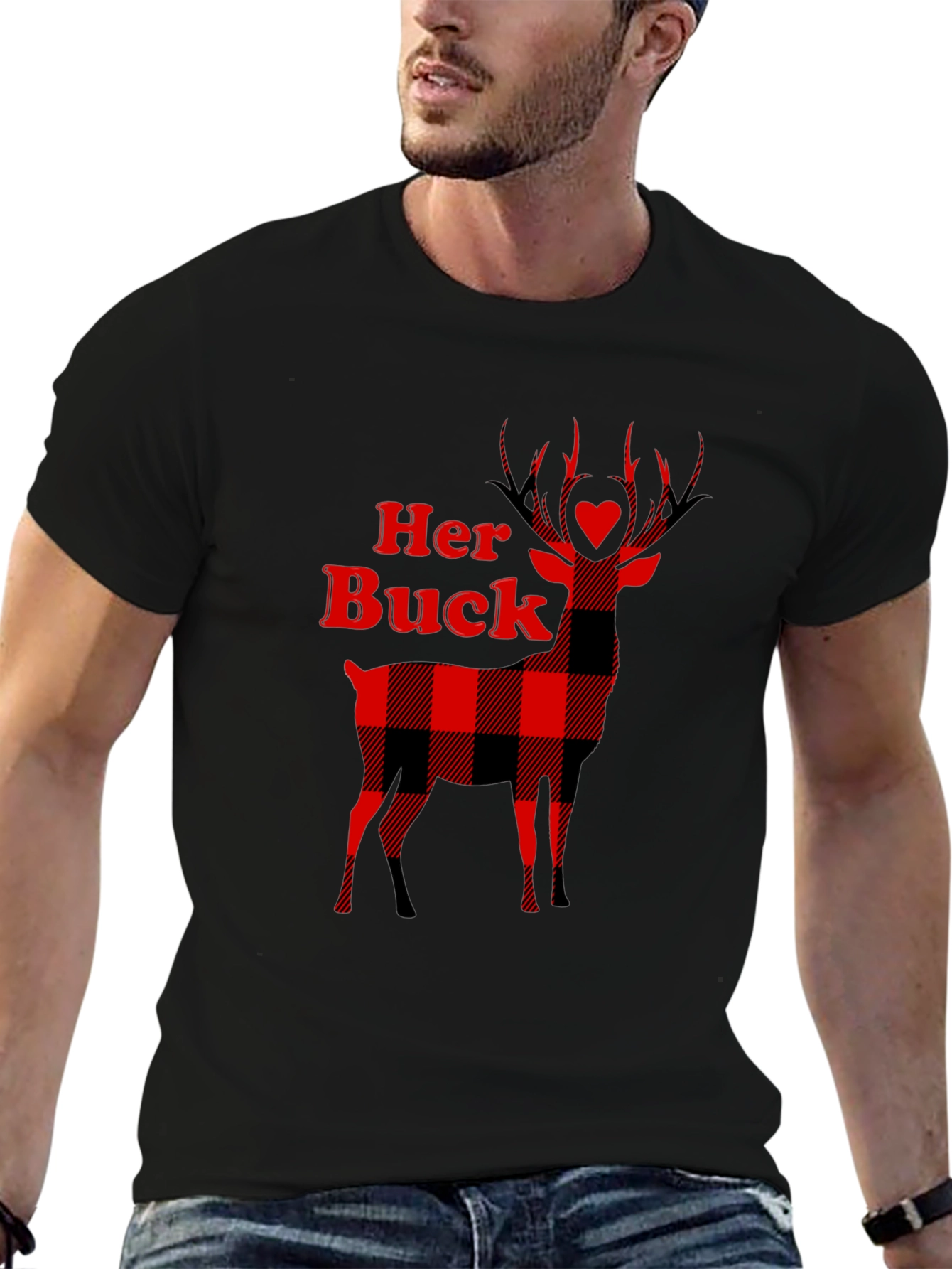 Her Buck Plaid Deer Couple T-Shirt