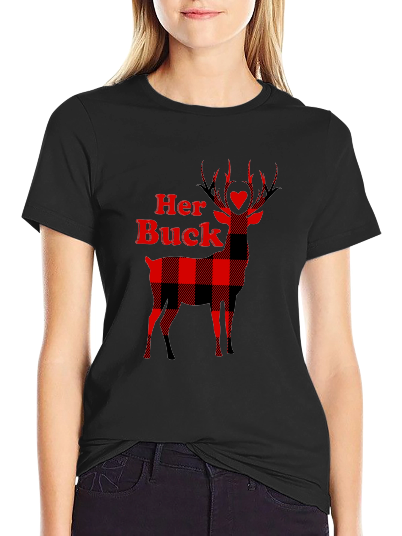 Her Buck Plaid Deer Couple T-Shirt