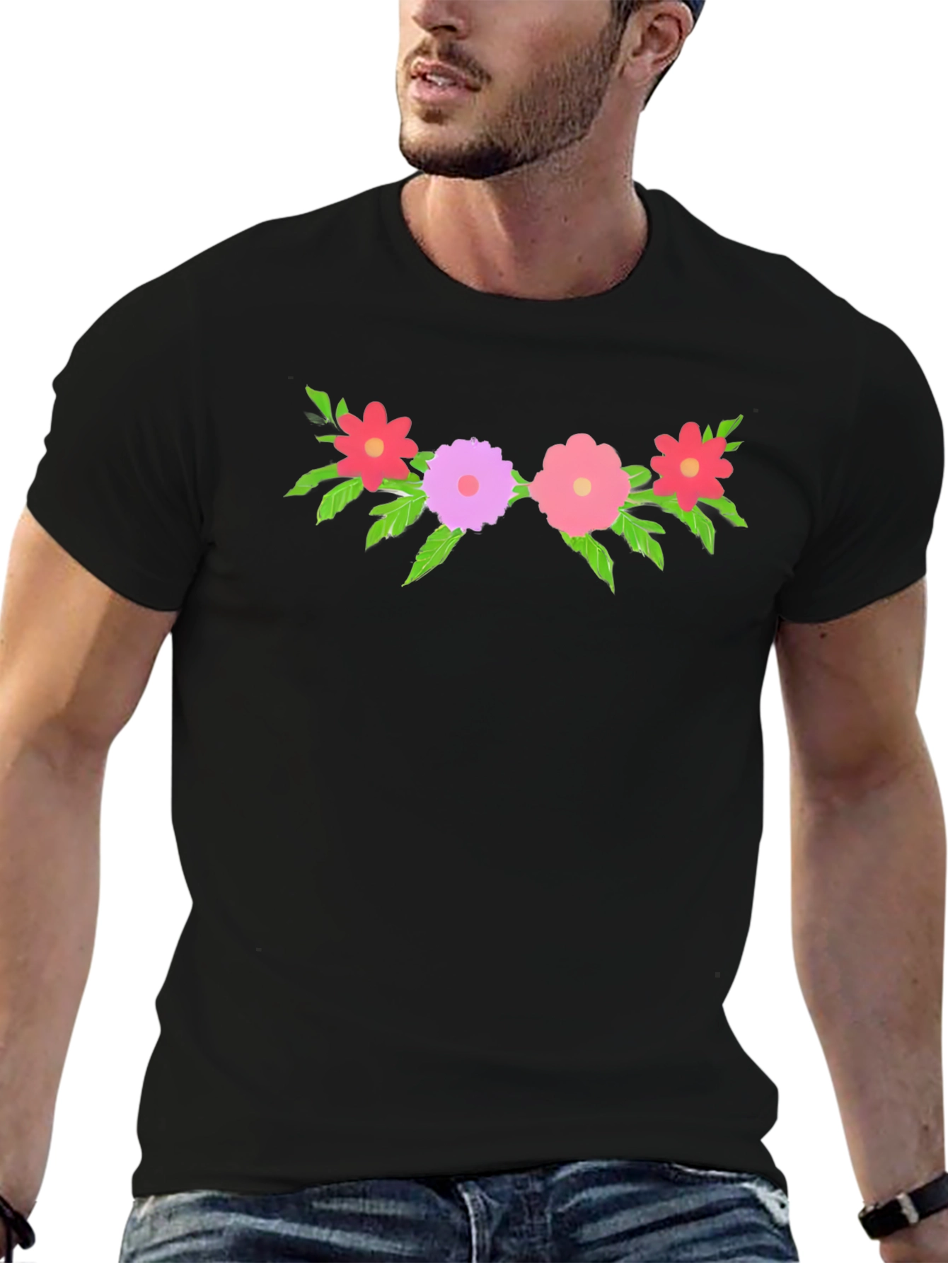 Floral Graphic Tee - Black Crew Neck T-Shirt