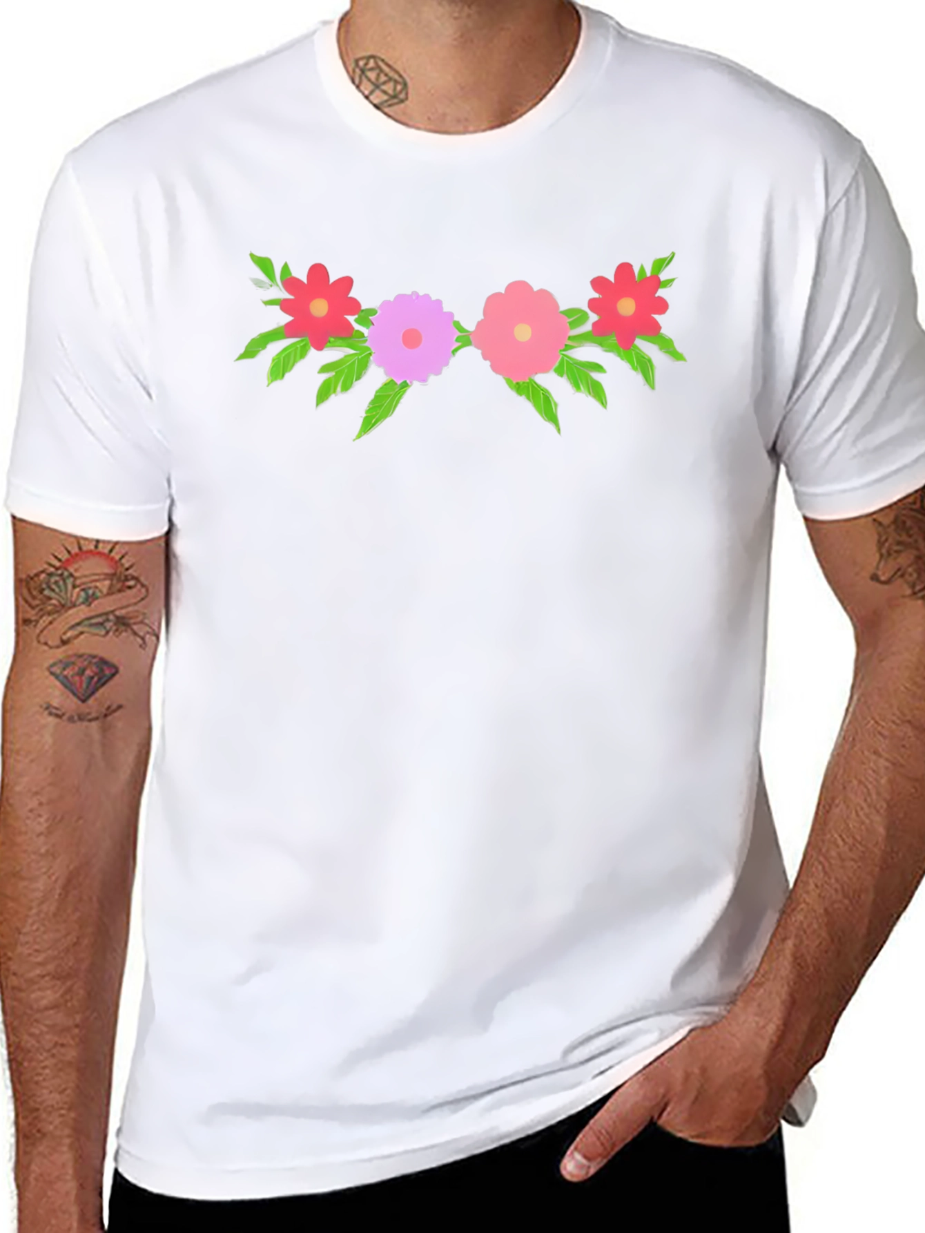 Floral Graphic Tee - Black Crew Neck T-Shirt
