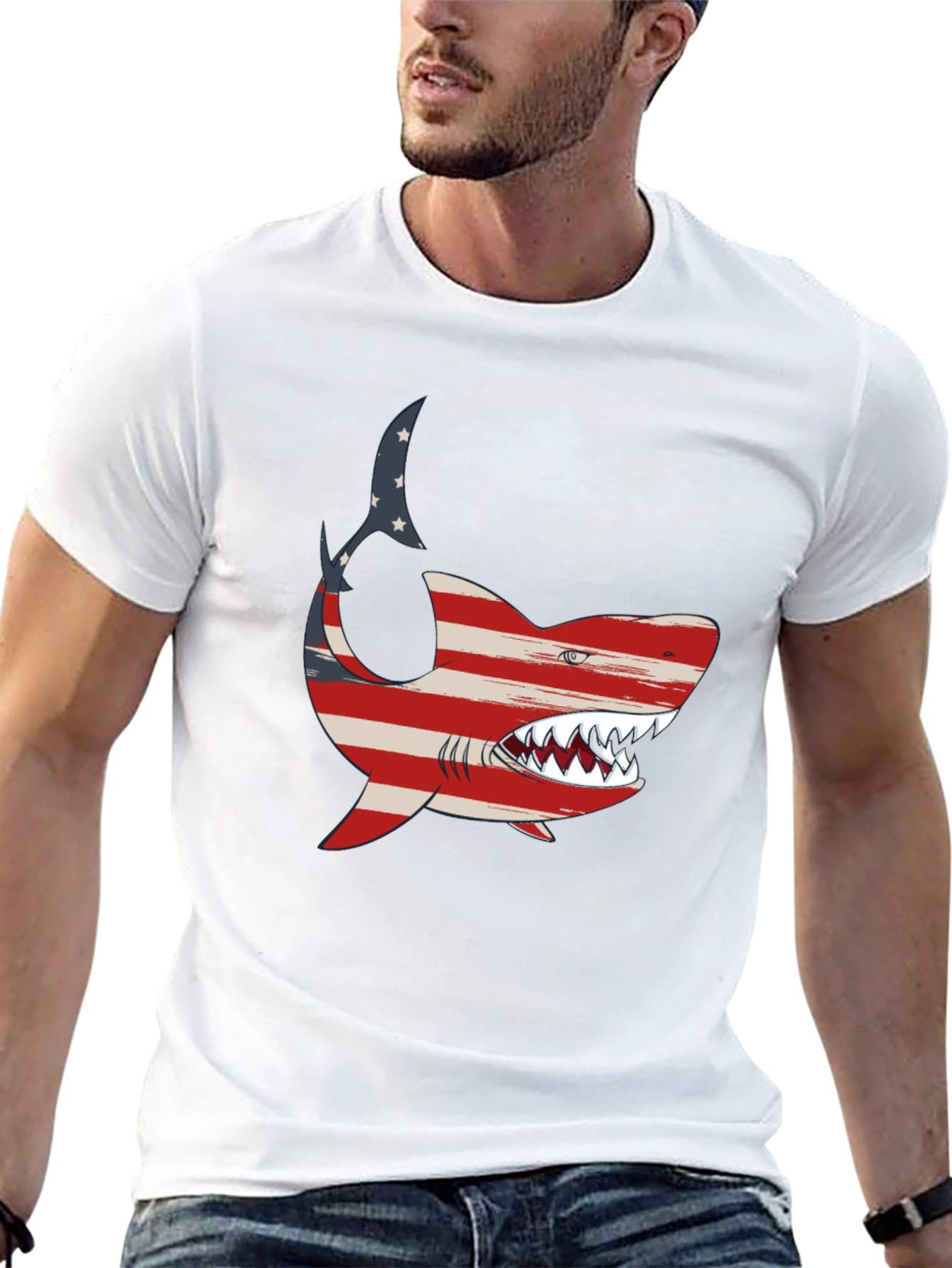 Patriotic Shark Graphic Tee - USA Flag Shark T-Shirt