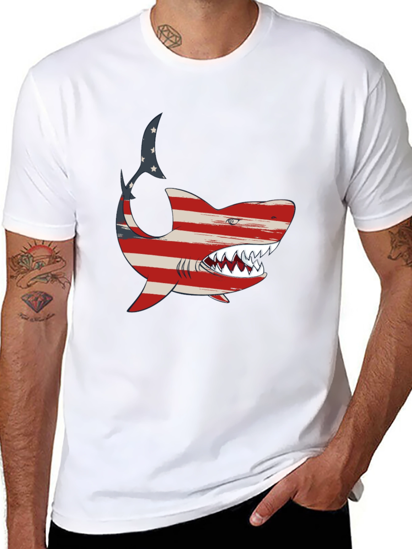 Patriotic Shark Graphic Tee - USA Flag Shark T-Shirt
