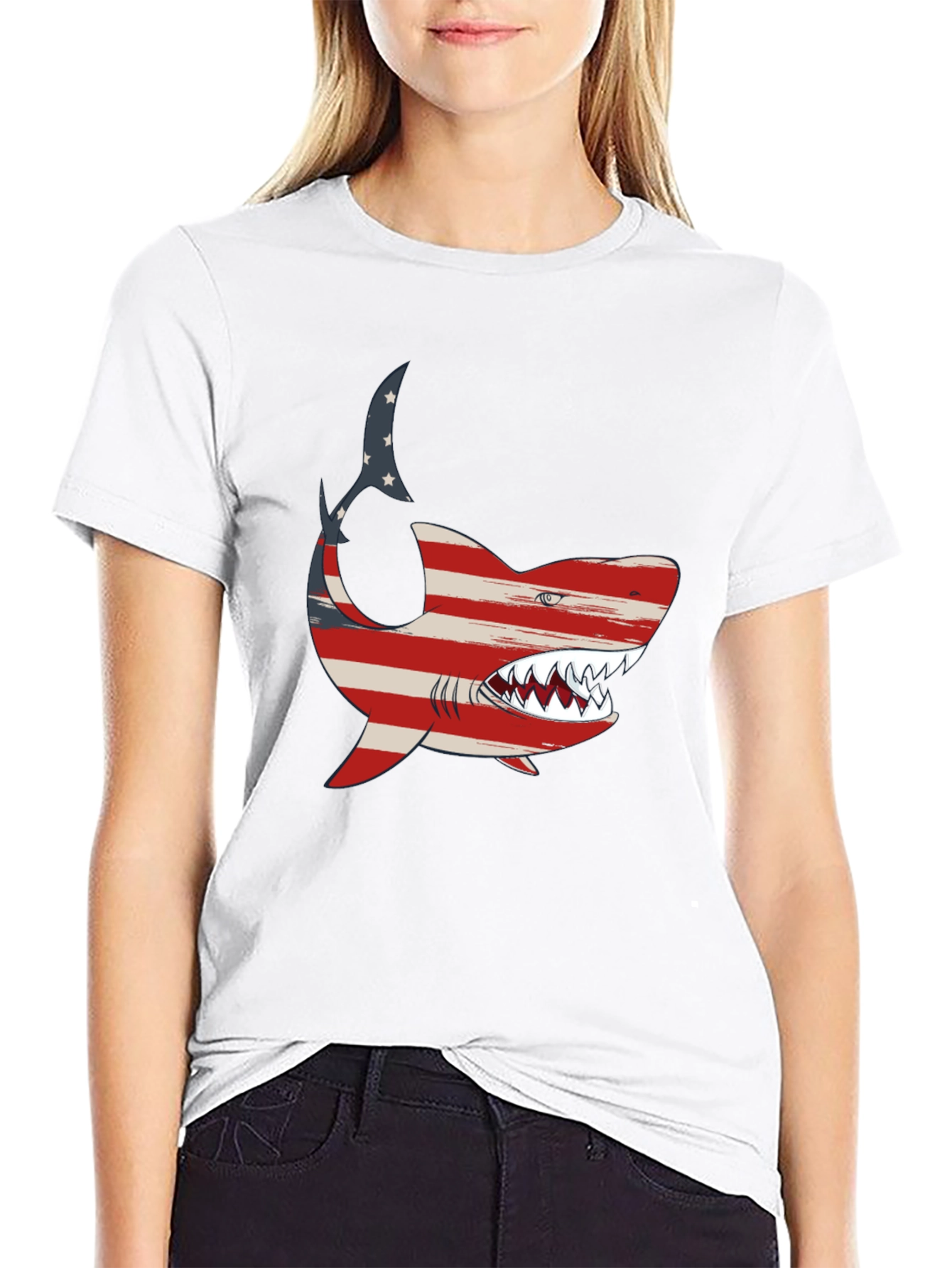 Patriotic Shark Graphic Tee - USA Flag Shark T-Shirt