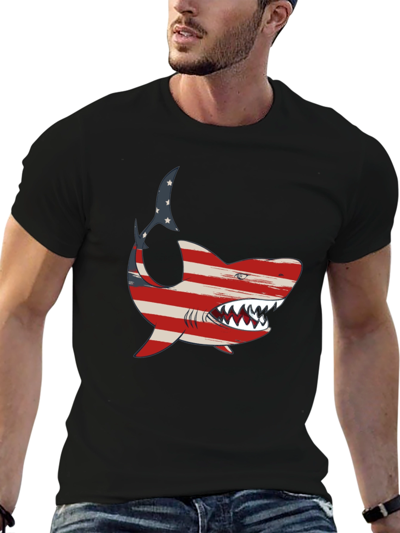 Patriotic Shark Graphic Tee - USA Flag Shark T-Shirt