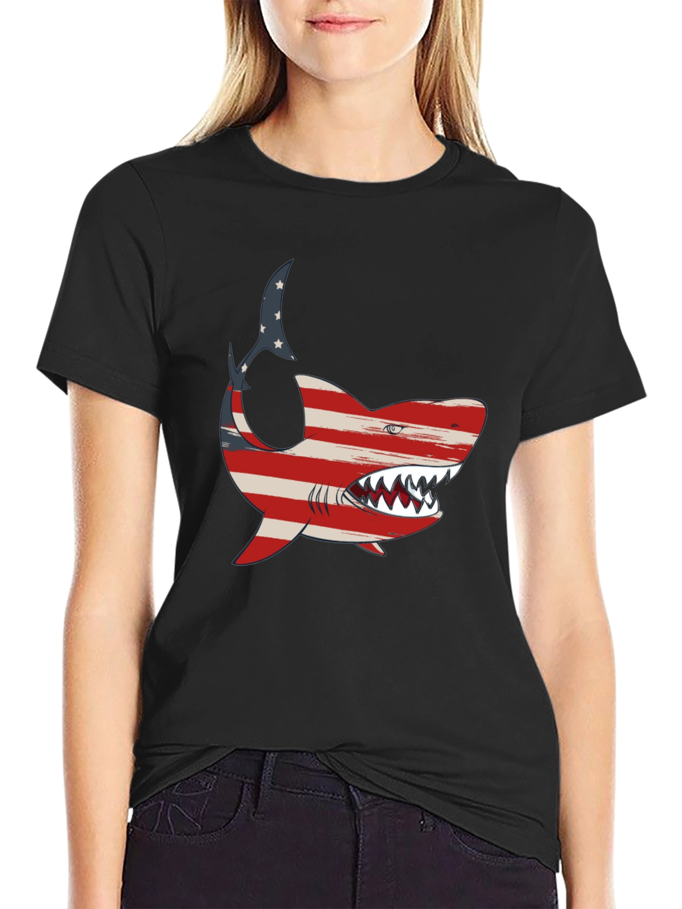 Patriotic Shark Graphic Tee - USA Flag Shark T-Shirt