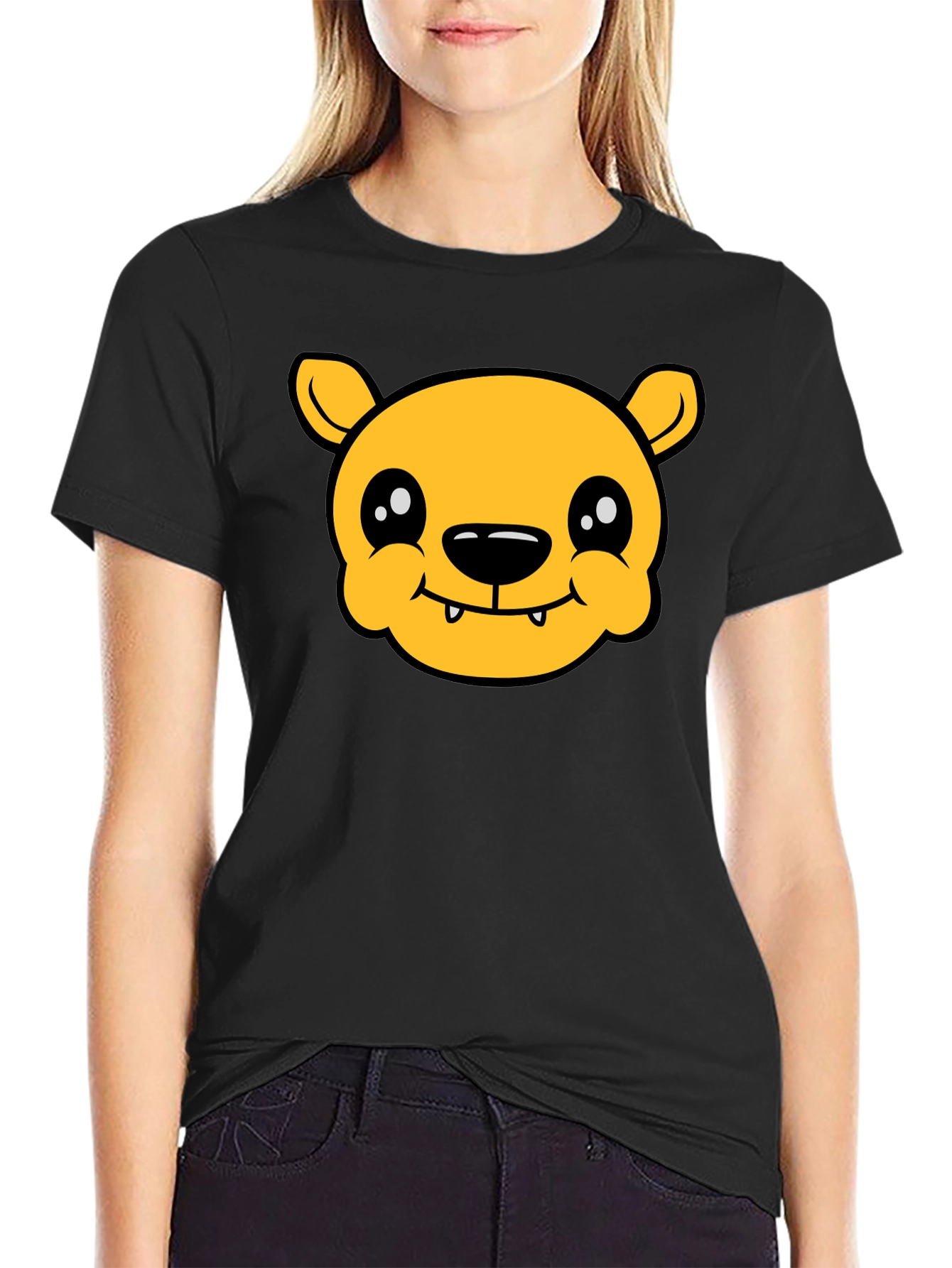Cute Cartoon Bear Graphic T-Shirt - Black Cotton Tee