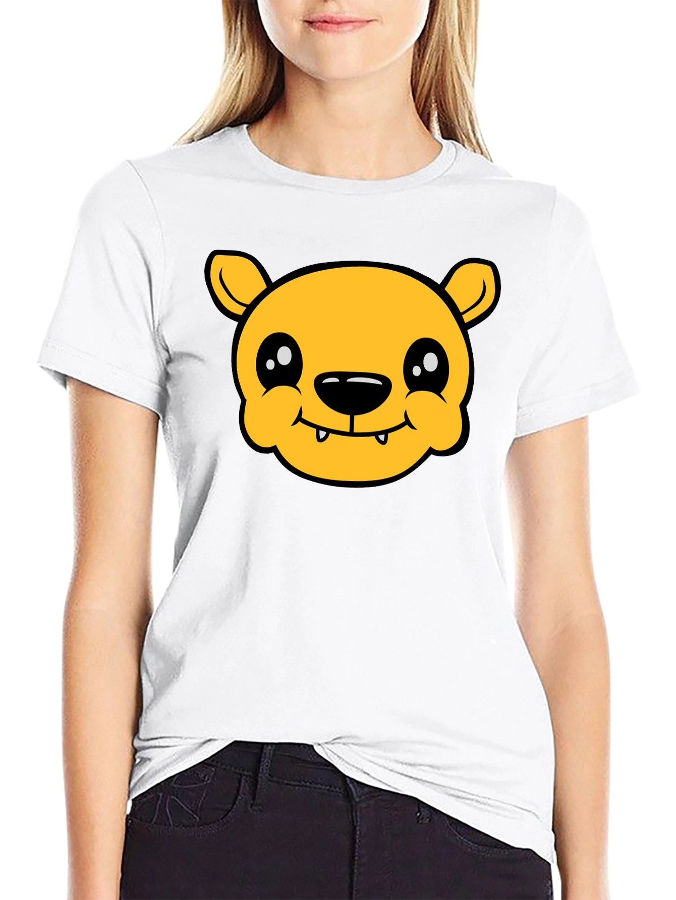 Cute Cartoon Bear Graphic T-Shirt - Black Cotton Tee