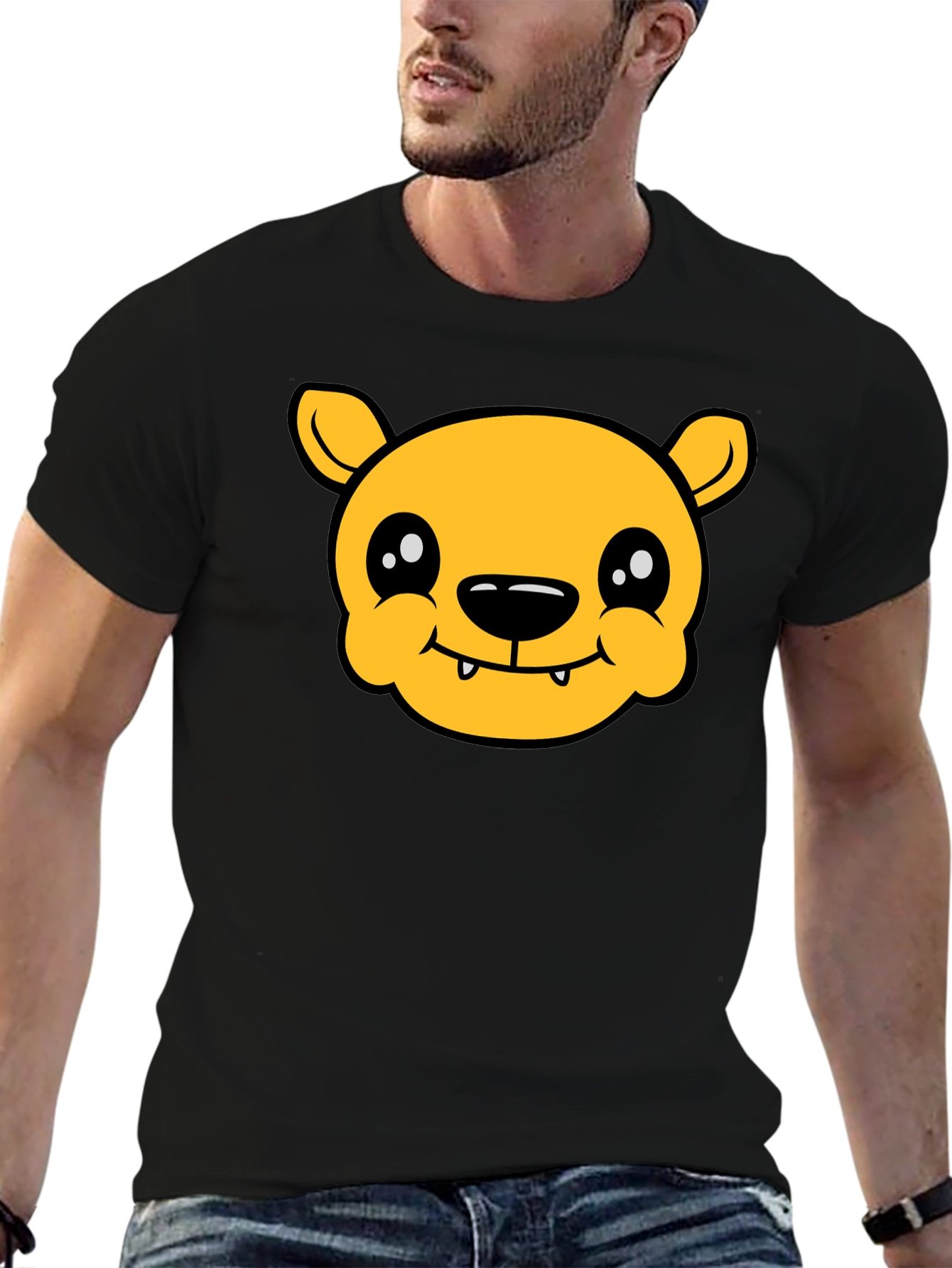 Cute Cartoon Bear Graphic T-Shirt - Black Cotton Tee