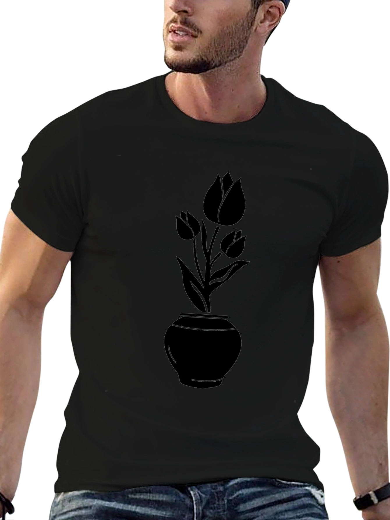 Black Floral Vase T-Shirt - Elegant Casual Wear