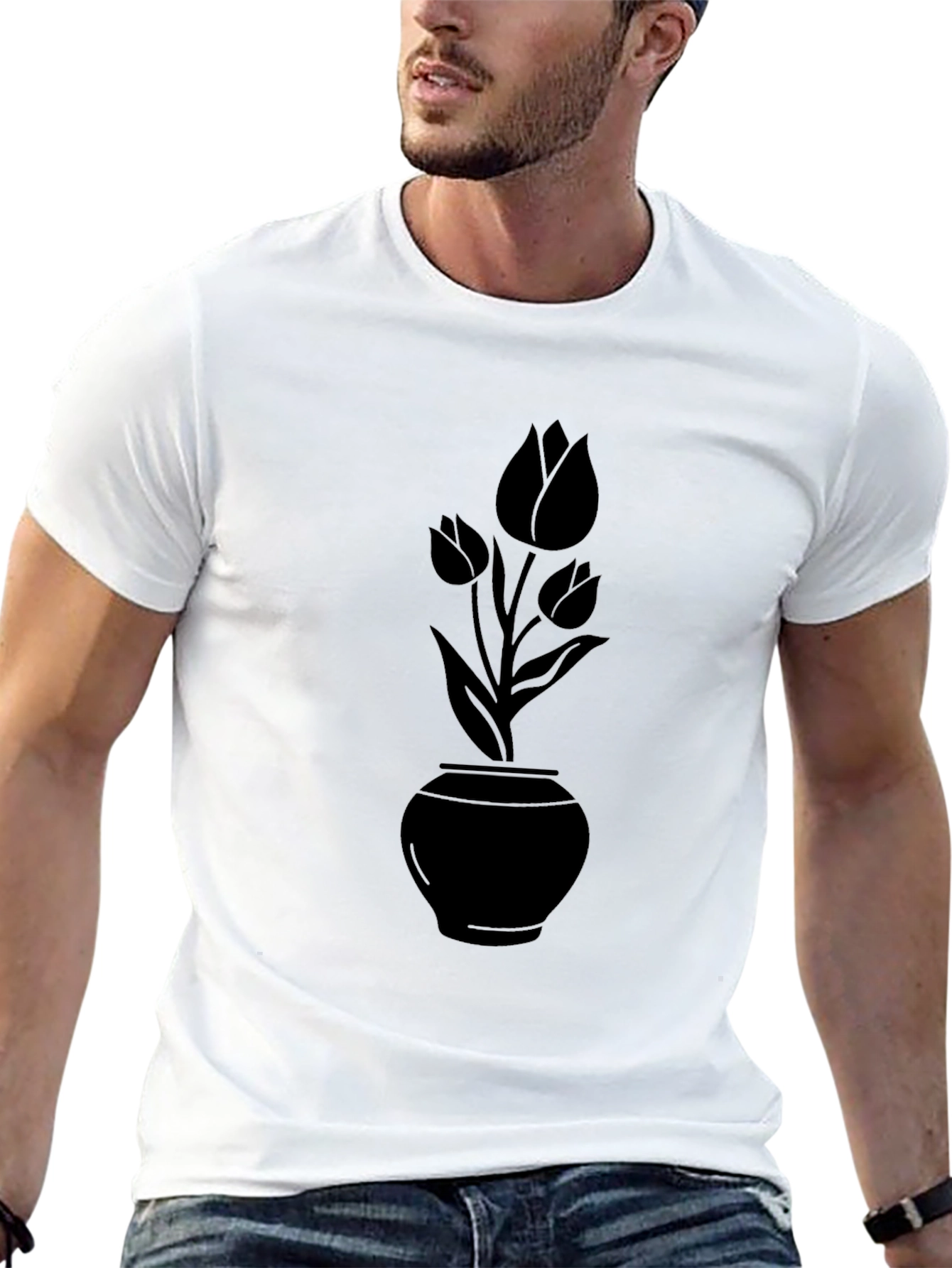Black Floral Vase T-Shirt - Elegant Casual Wear