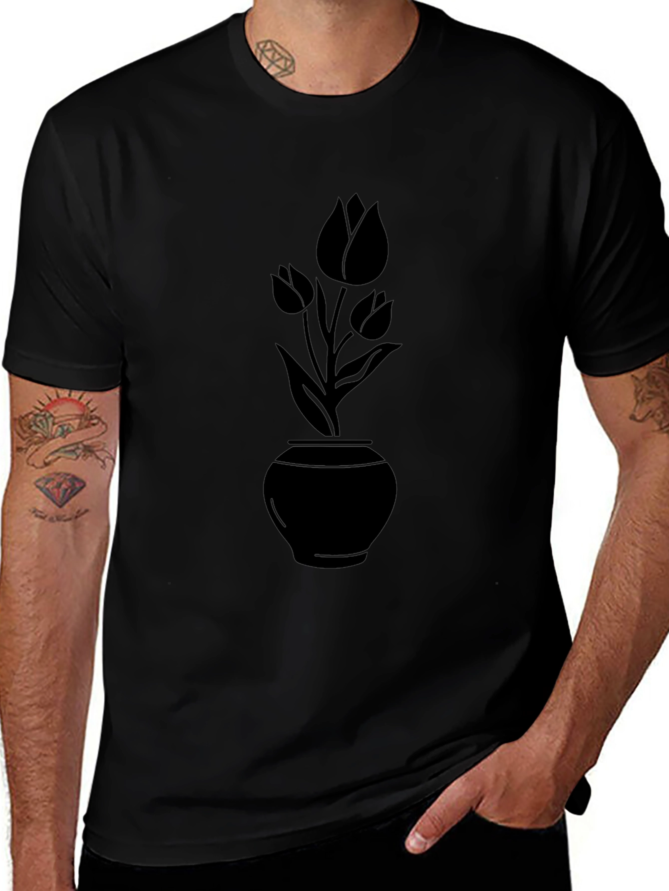 Black Floral Vase T-Shirt - Elegant Casual Wear