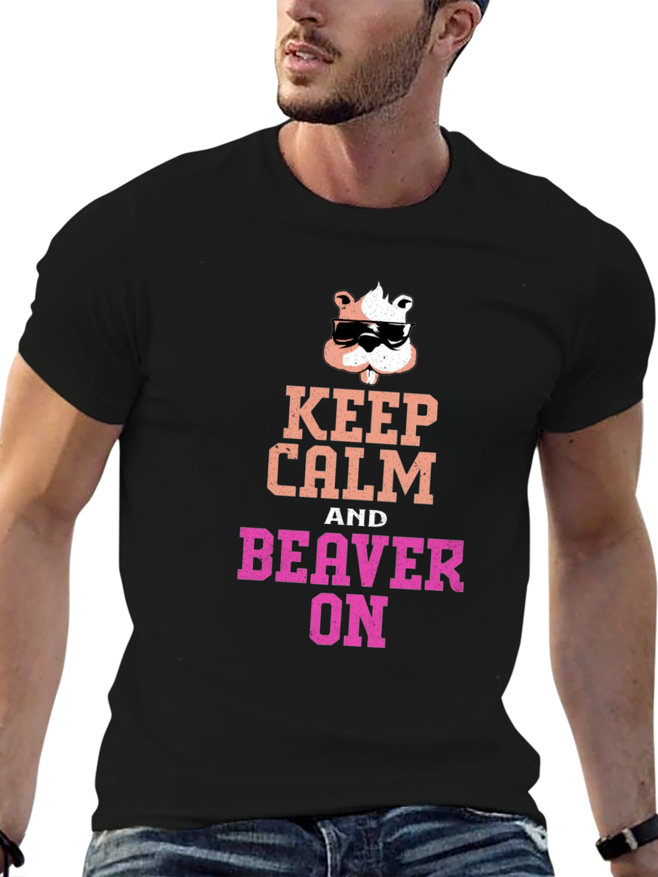 Keep Calm and Beaver On Black T-Shirt