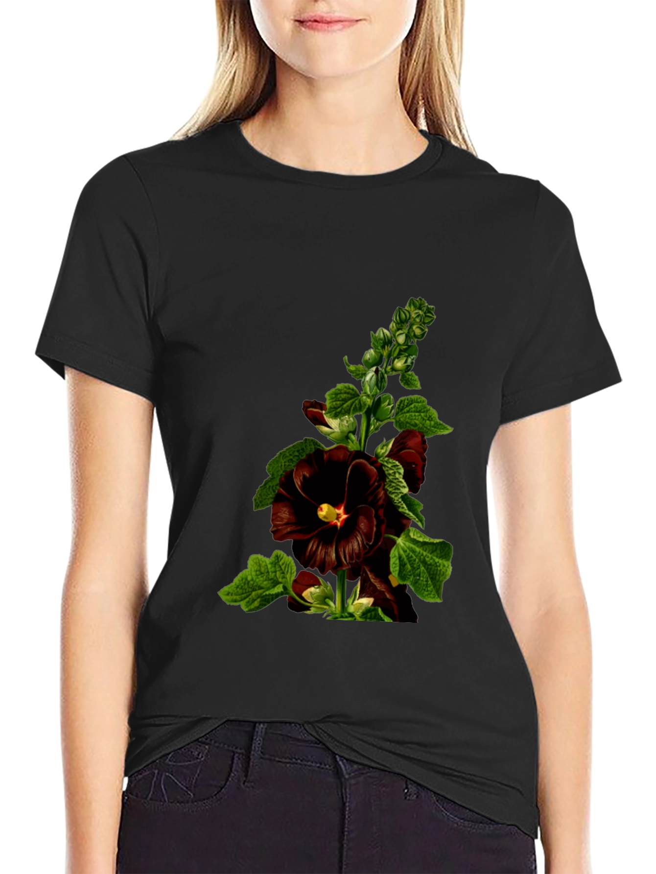 Floral Black T-Shirt - Unique Botanical Design