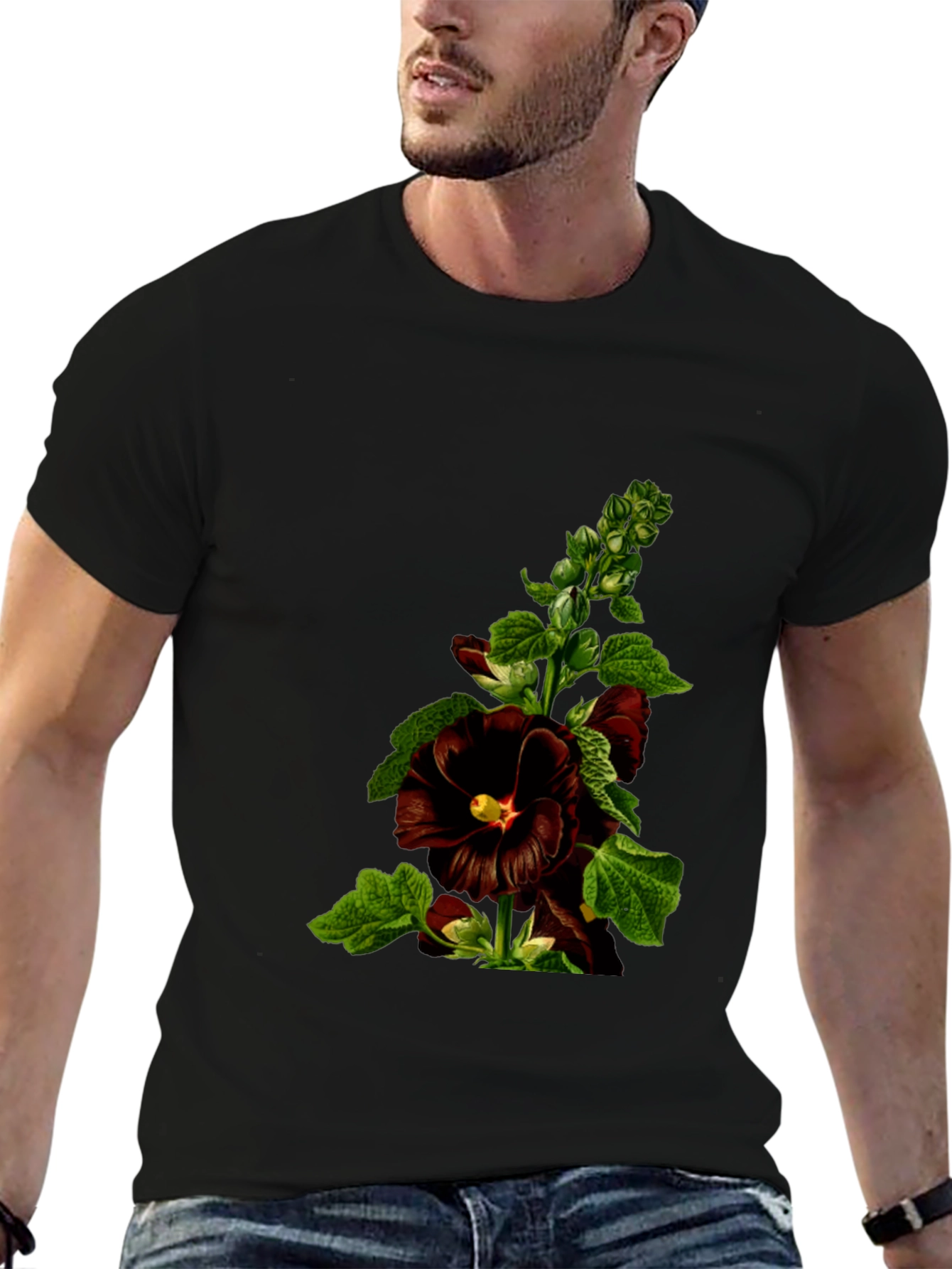 Floral Black T-Shirt - Unique Botanical Design