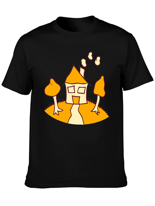 Cartoon House Print Black T-Shirt