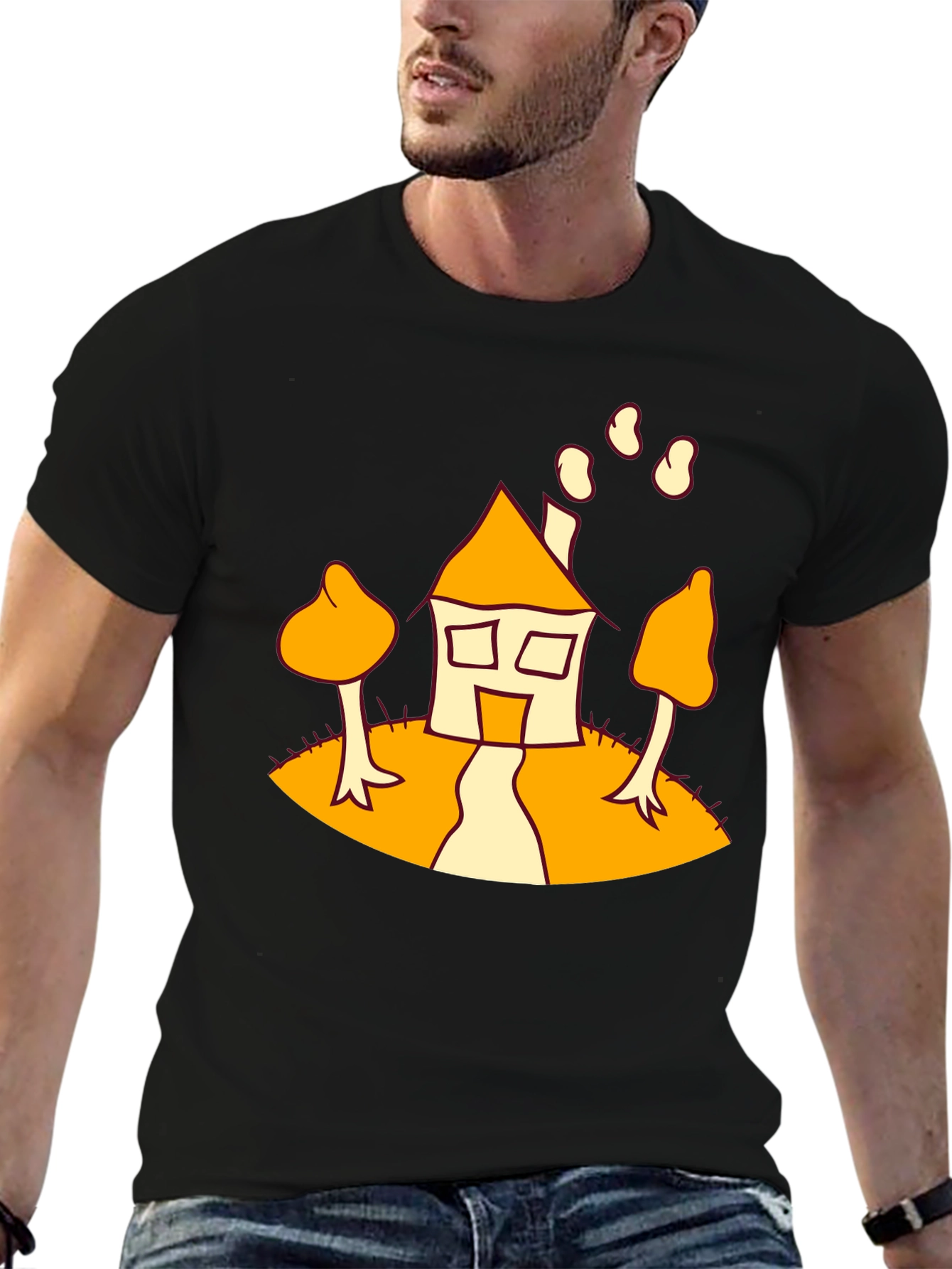 Cartoon House Print Black T-Shirt