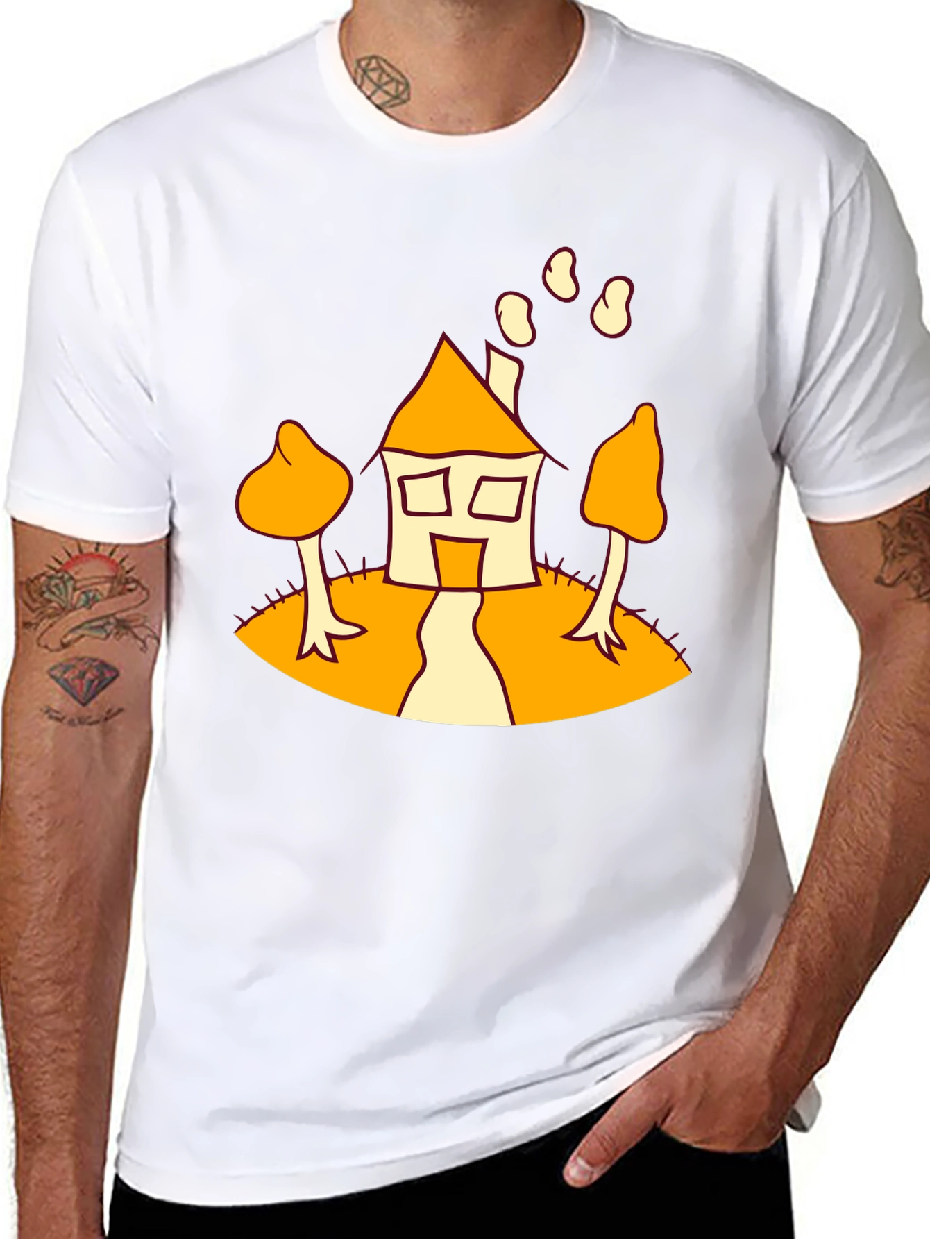 Cartoon House Print Black T-Shirt