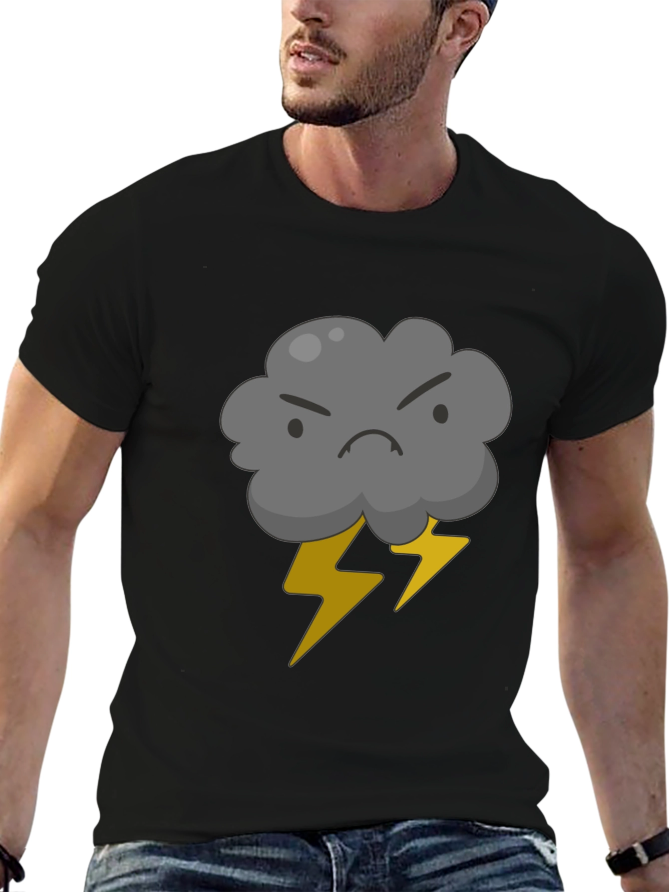 Angry Cloud and Lightning Bolt Black T-Shirt