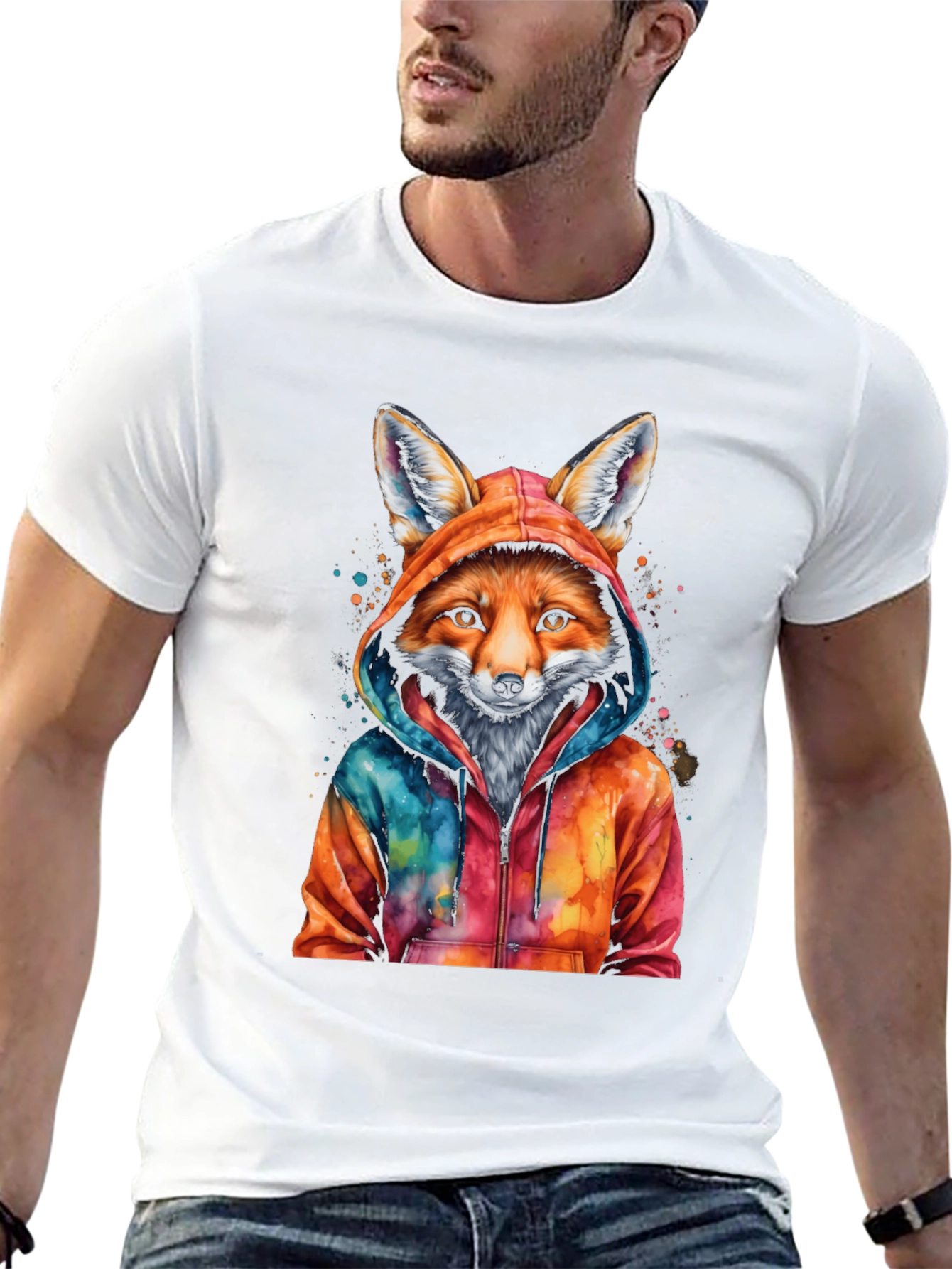 Fox in Hoodie Graphic Tee - Mens Black T-Shirt