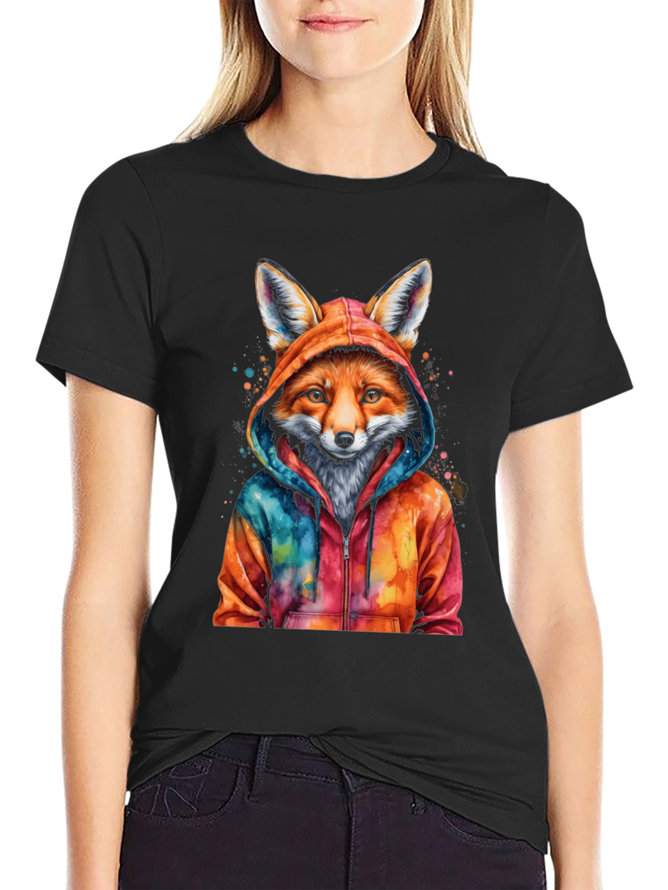 Fox in Hoodie Graphic Tee - Mens Black T-Shirt
