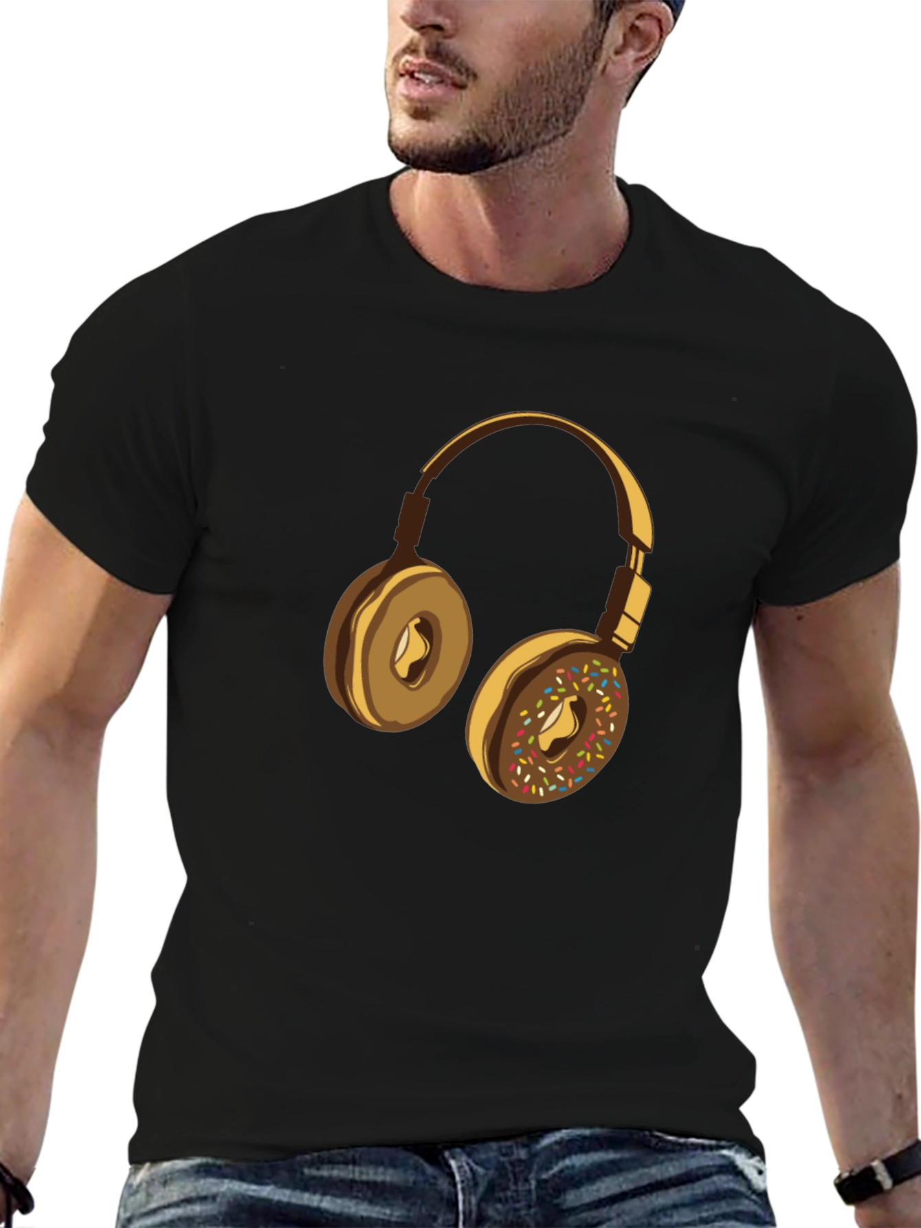 Donut Headphones Graphic Tee - Casual Black T-Shirt