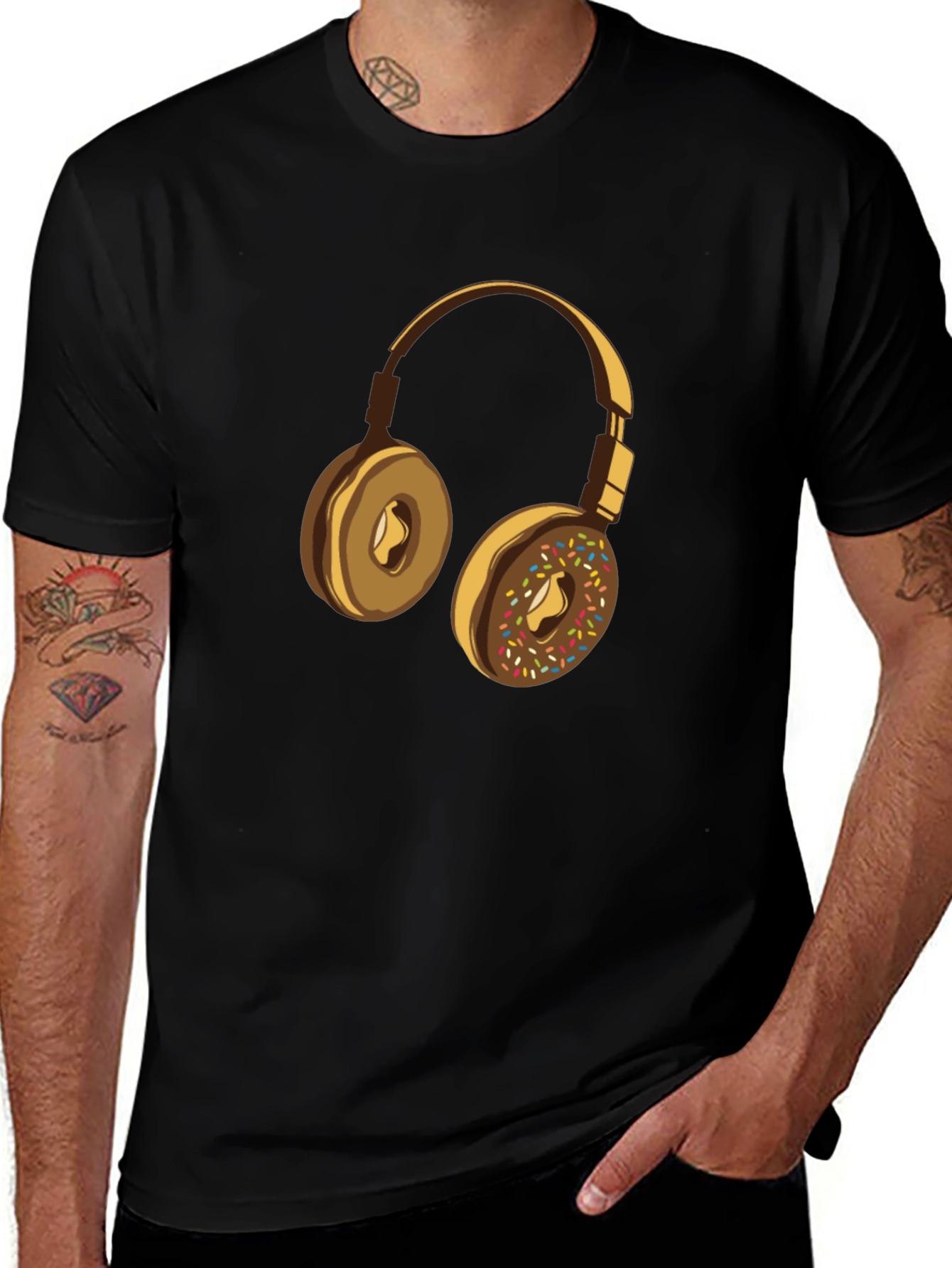 Donut Headphones Graphic Tee - Casual Black T-Shirt