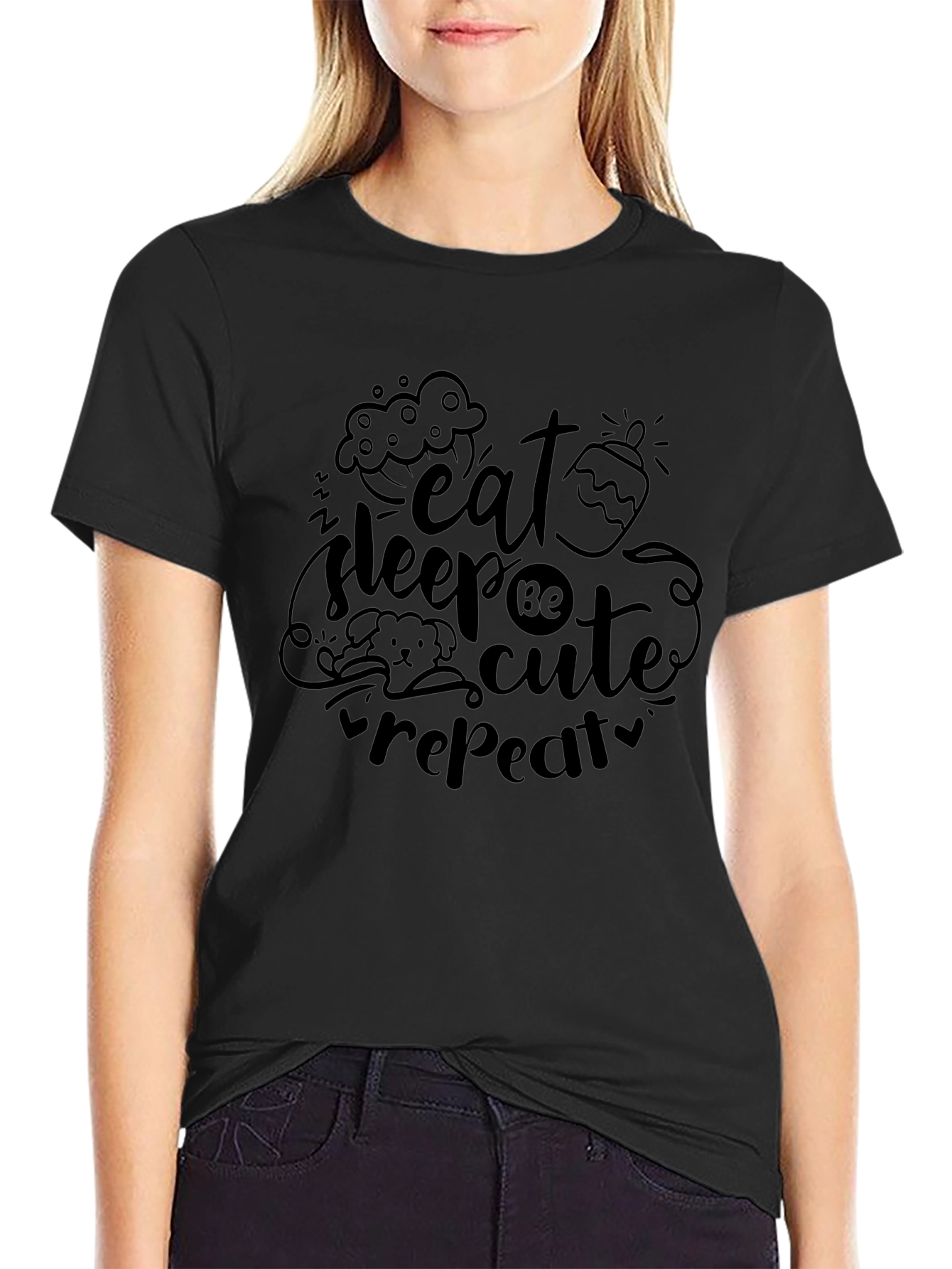 Eat Sleep Be Cute Repeat Black Graphic Tee